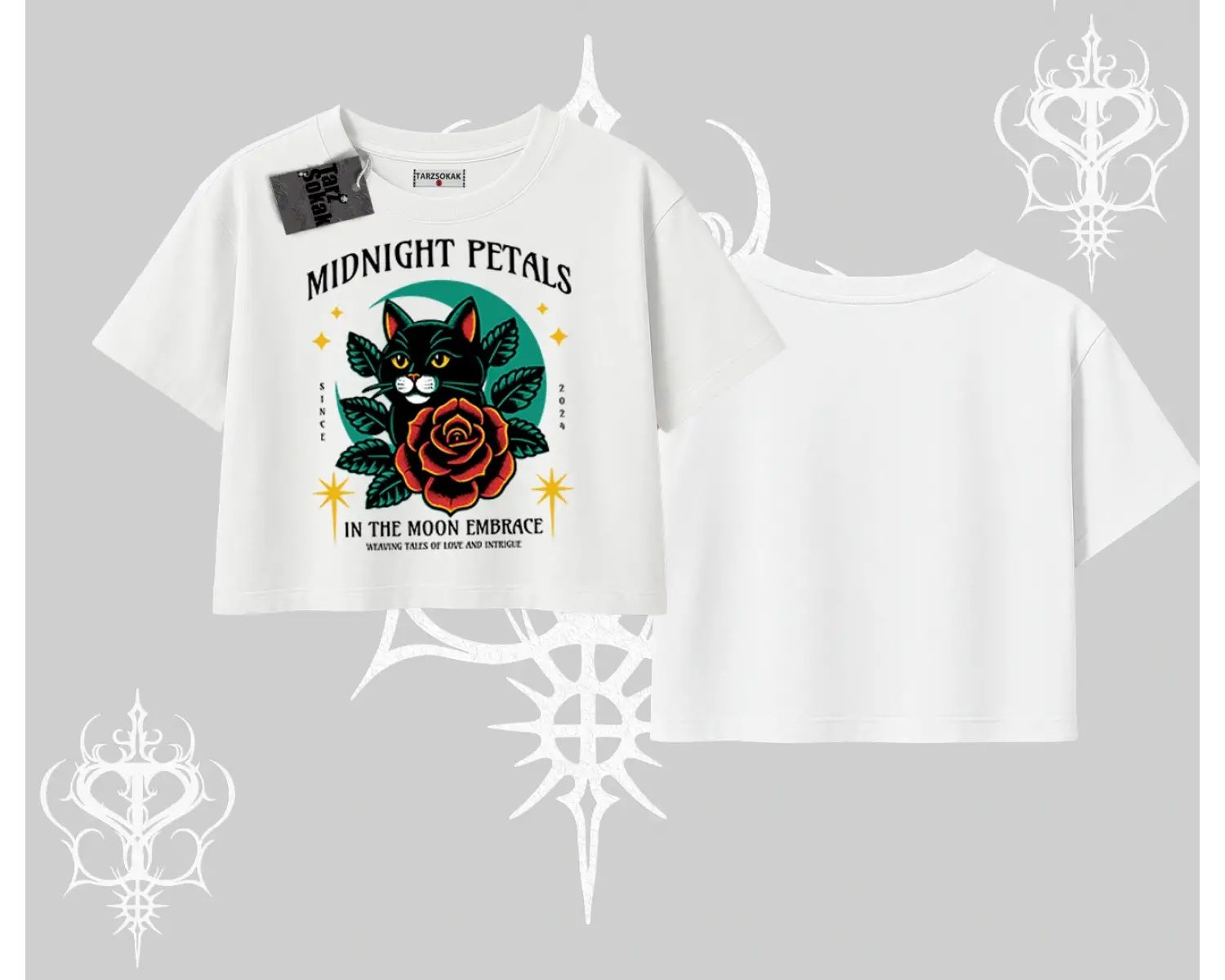 Midnight Petals Kedi Baskılı Oversize Crop Tshirt