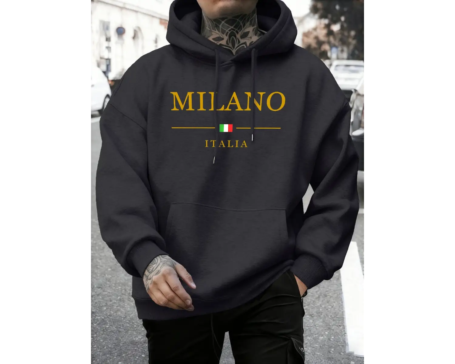 Milano Italia Baskı Sonbahar Modası Kapüşonlu Üst Erkek Temel Giyim Günlük Tişörtler Rahat Po