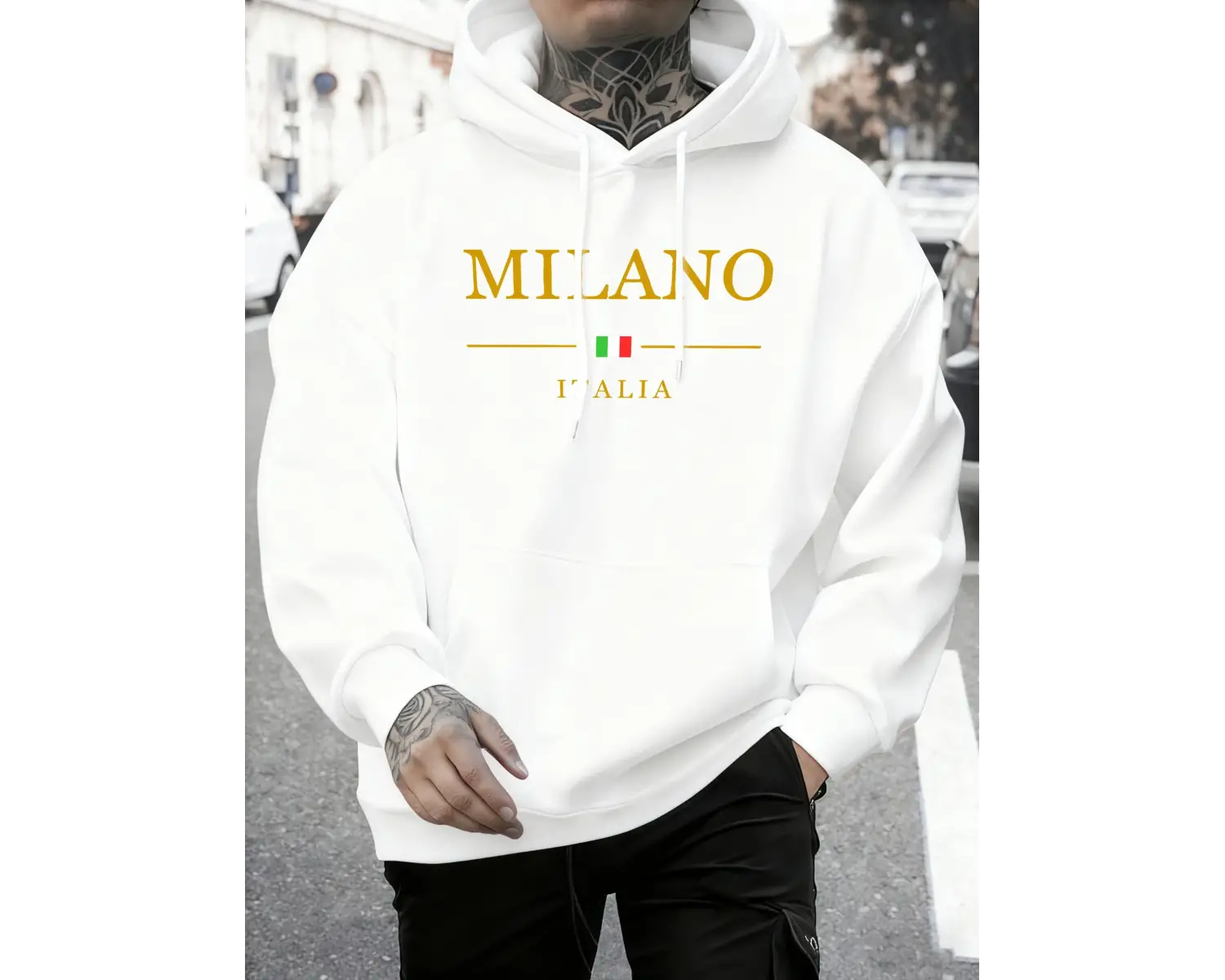 Milano Italia Baskı Sonbahar Modası Kapüşonlu Üst Erkek Temel Giyim Günlük Tişörtler Rahat Po