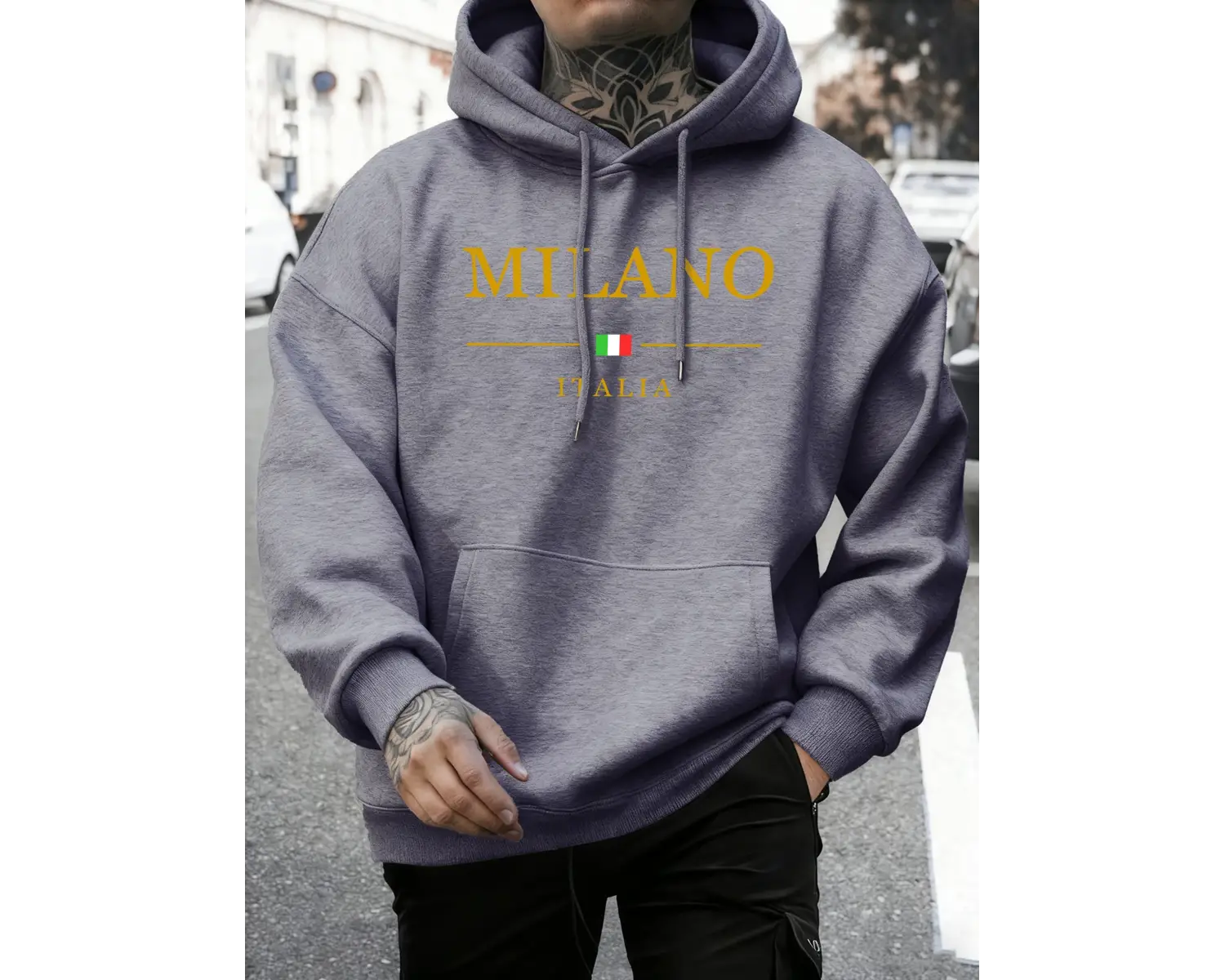Milano Italia Baskı Sonbahar Modası Kapüşonlu Üst Erkek Temel Giyim Günlük Tişörtler Rahat Po