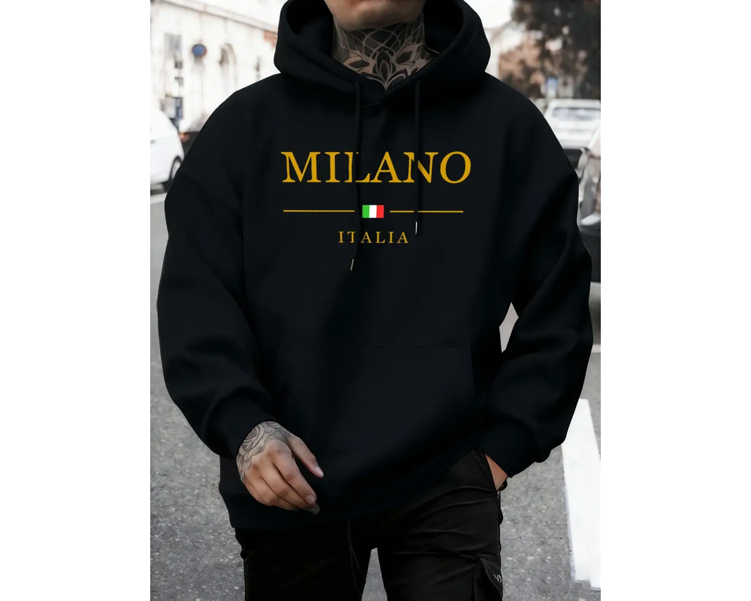 Milano Italia Baskı Sonbahar Modası Kapüşonlu Üst Erkek Temel Giyim Günlük Tişörtler Rahat Po