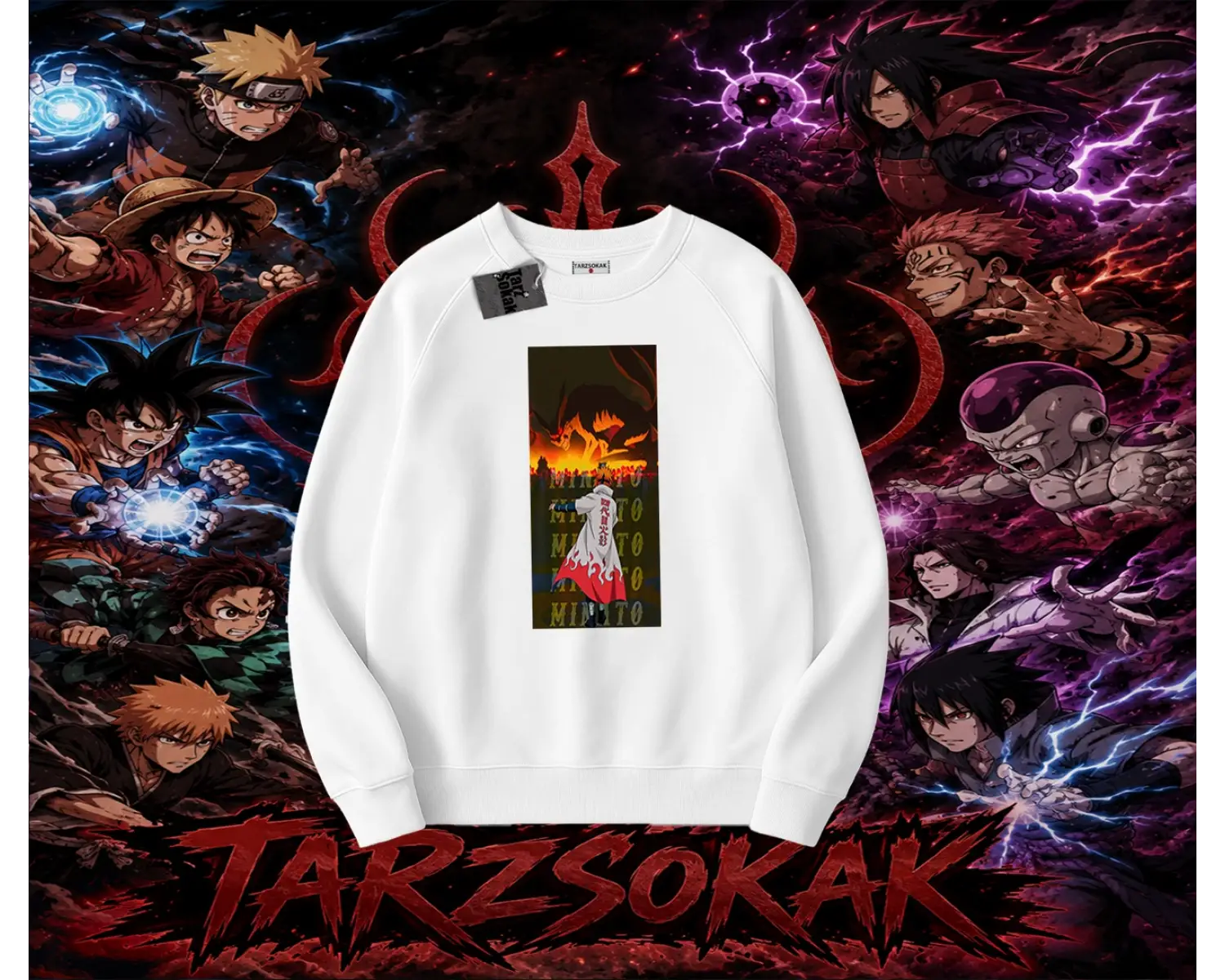 Minato Namikaze Naruto Anime Karakteri Oversize Unisex Bisiklet Yaka Sweatshirt Beyaz
