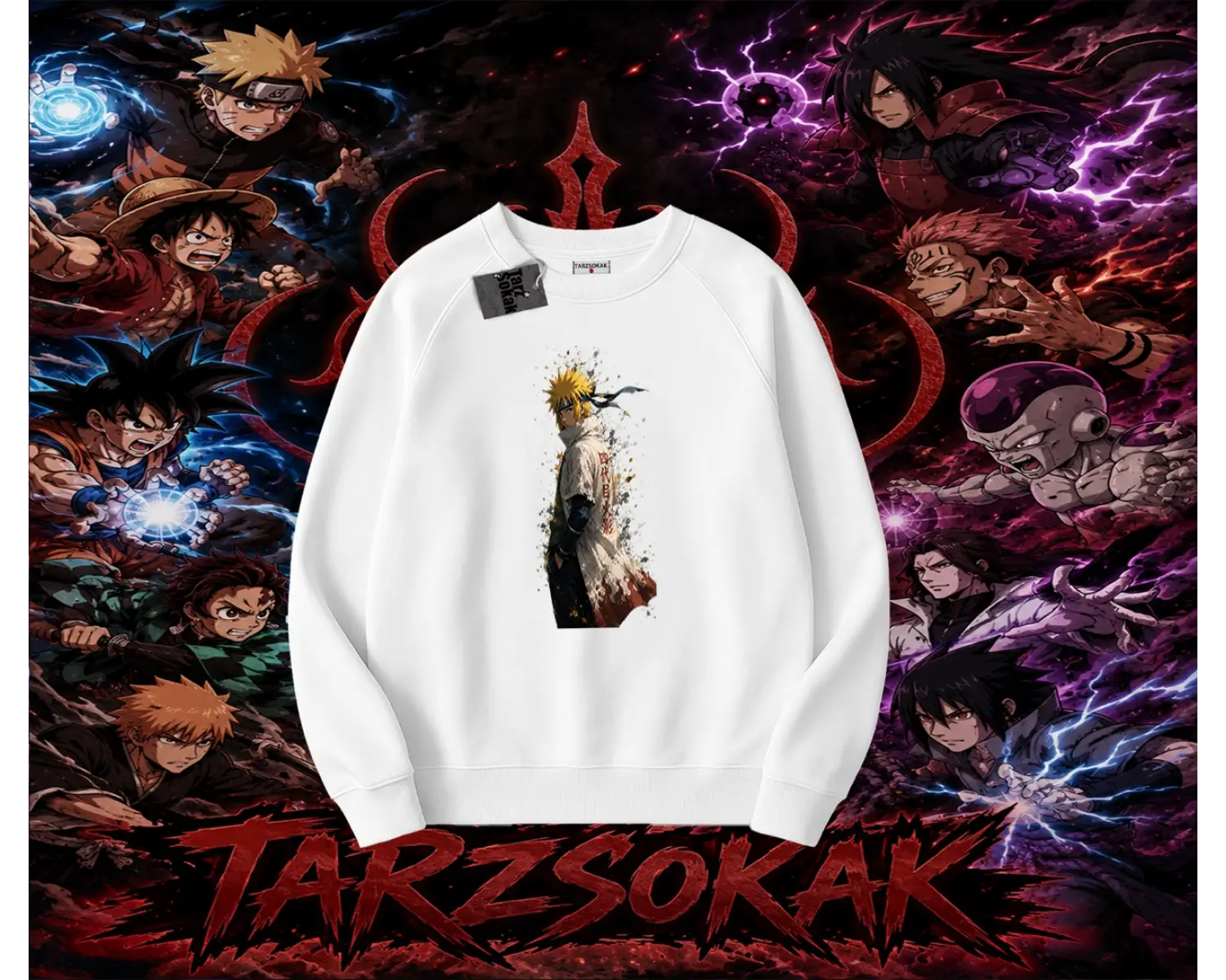 Minato Namikaze Naruto Anime Karakteri Oversize Unisex Bisiklet Yaka Sweatshirt Beyaz