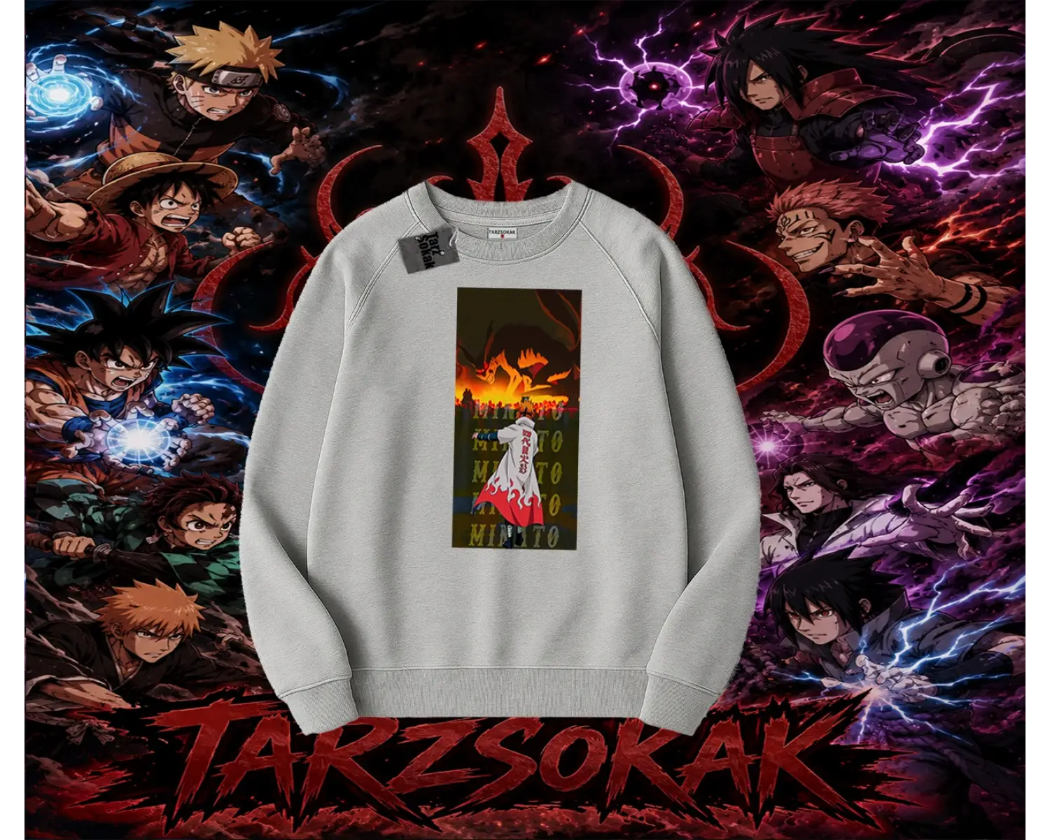 Minato Namikaze Naruto Anime Karakteri Oversize Unisex Bisiklet Yaka Sweatshirt Beyaz