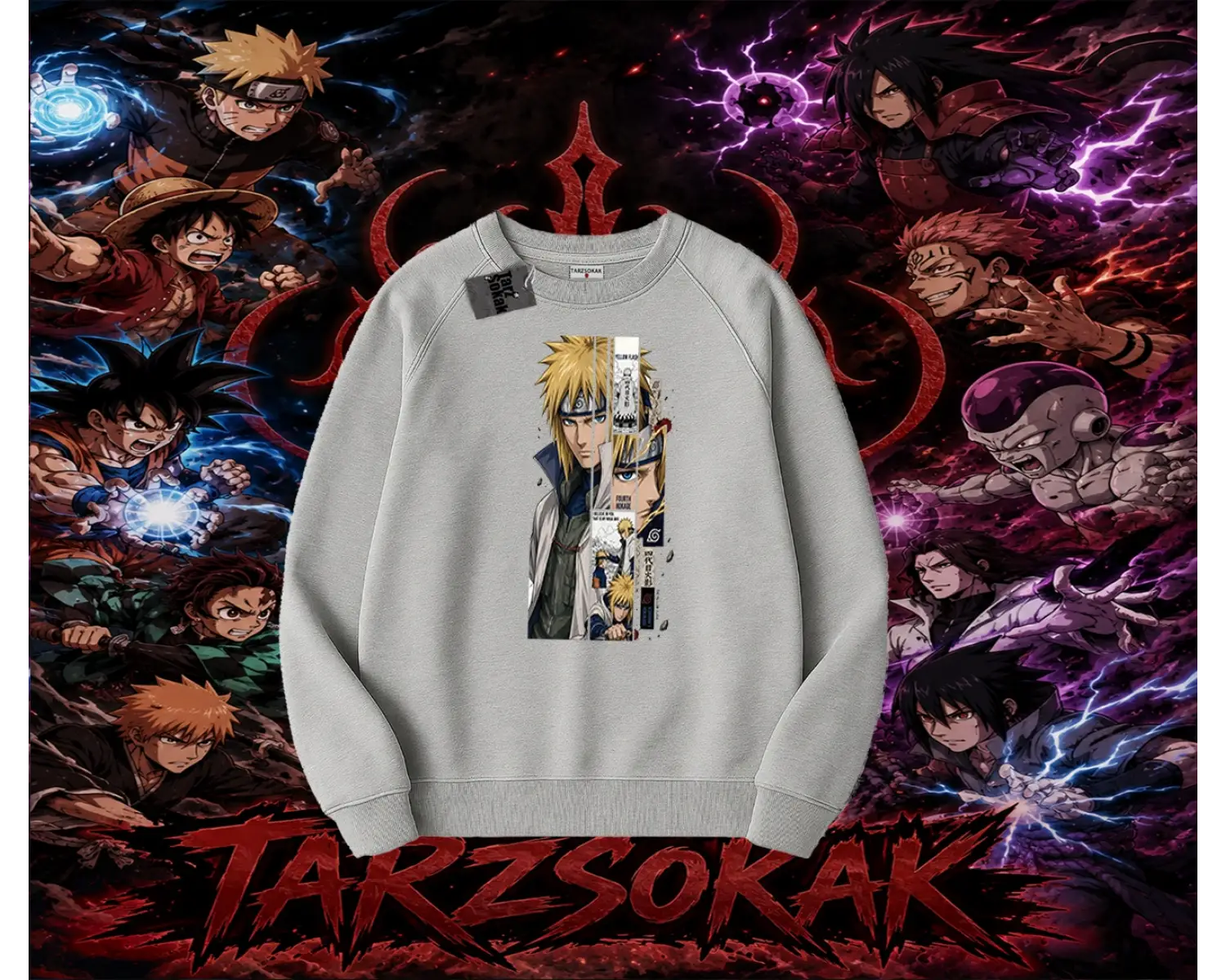 Minato Namikaze Naruto Anime Karakteri Oversize Unisex Bisiklet Yaka Sweatshirt Beyaz