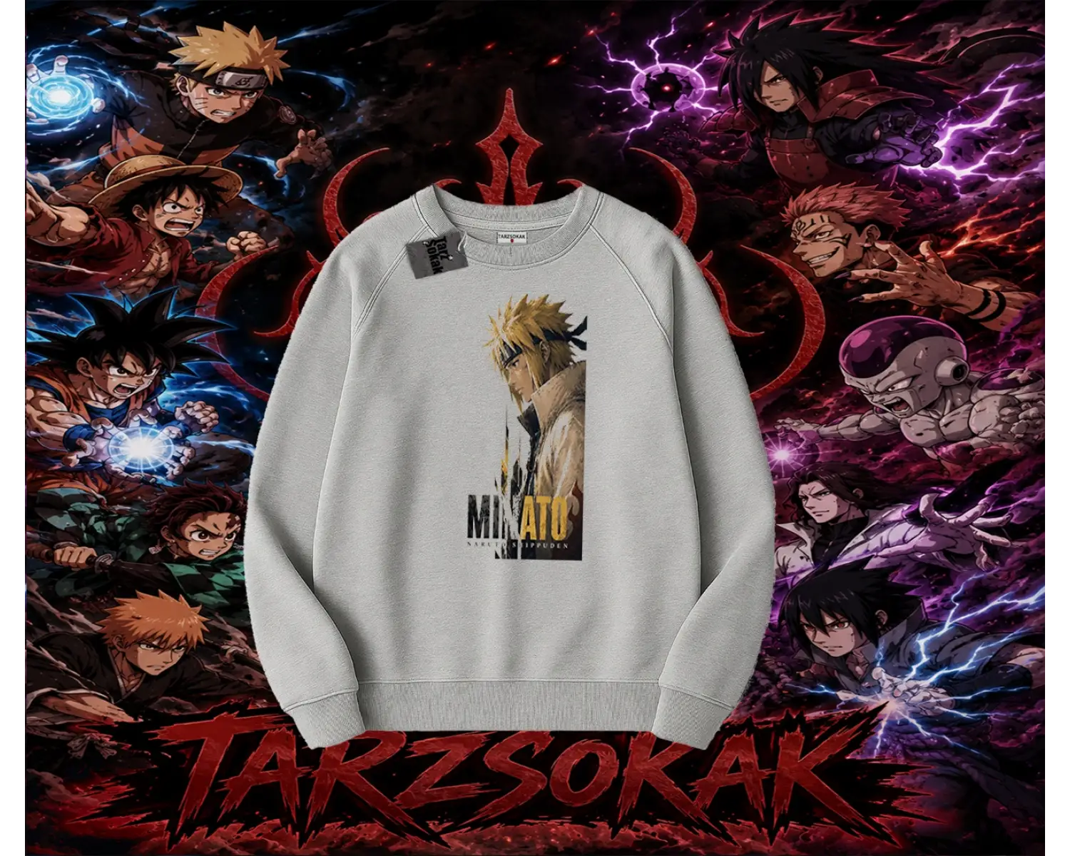 Minato Namikaze Naruto Anime Karakteri Oversize Unisex Bisiklet Yaka Sweatshirt Beyaz