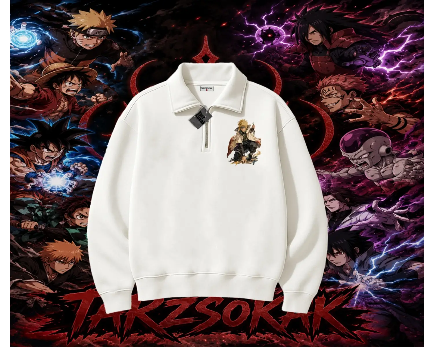 Minato Namikaze Naruto Anime Karakteri Unisex Polo Yaka Yarım Fermuarlı Sweatshirt Beyaz