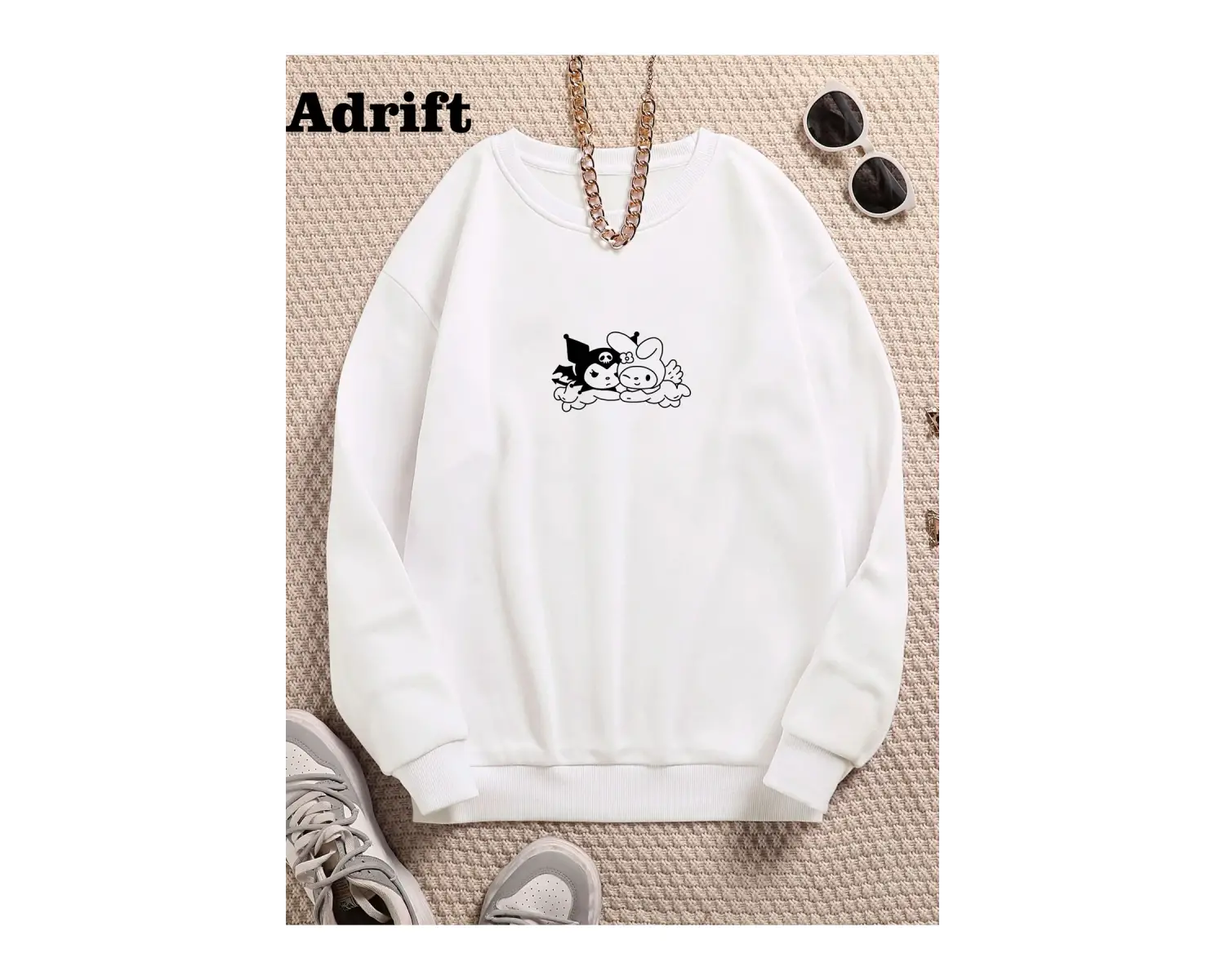 Minimal Örümcek Renkli Oversize Bisiklet Yaka Pamuklu Sweatshirt Beyaz