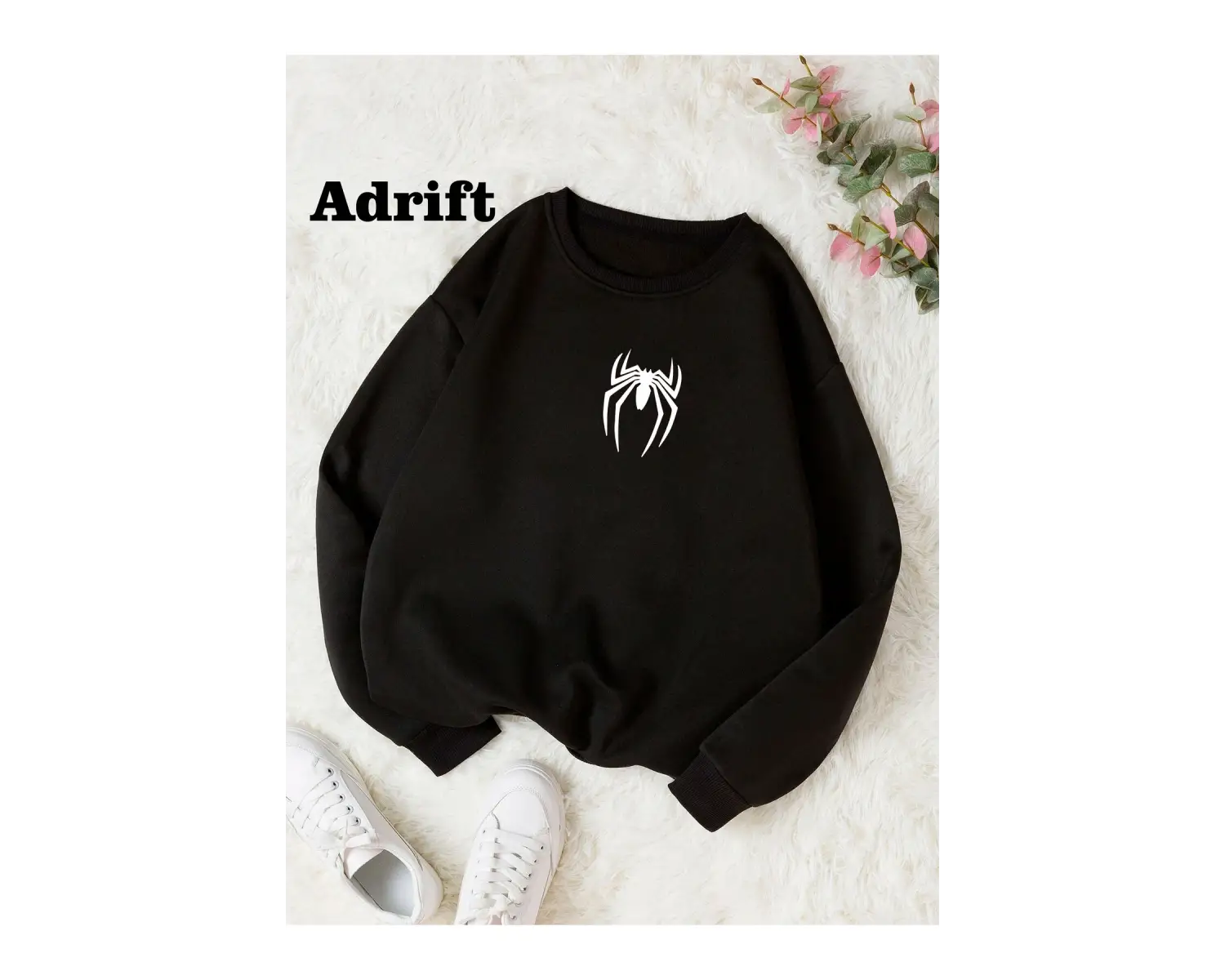 Minimal Örümcek Renkli Oversize Bisiklet Yaka Pamuklu Sweatshirt Siyah