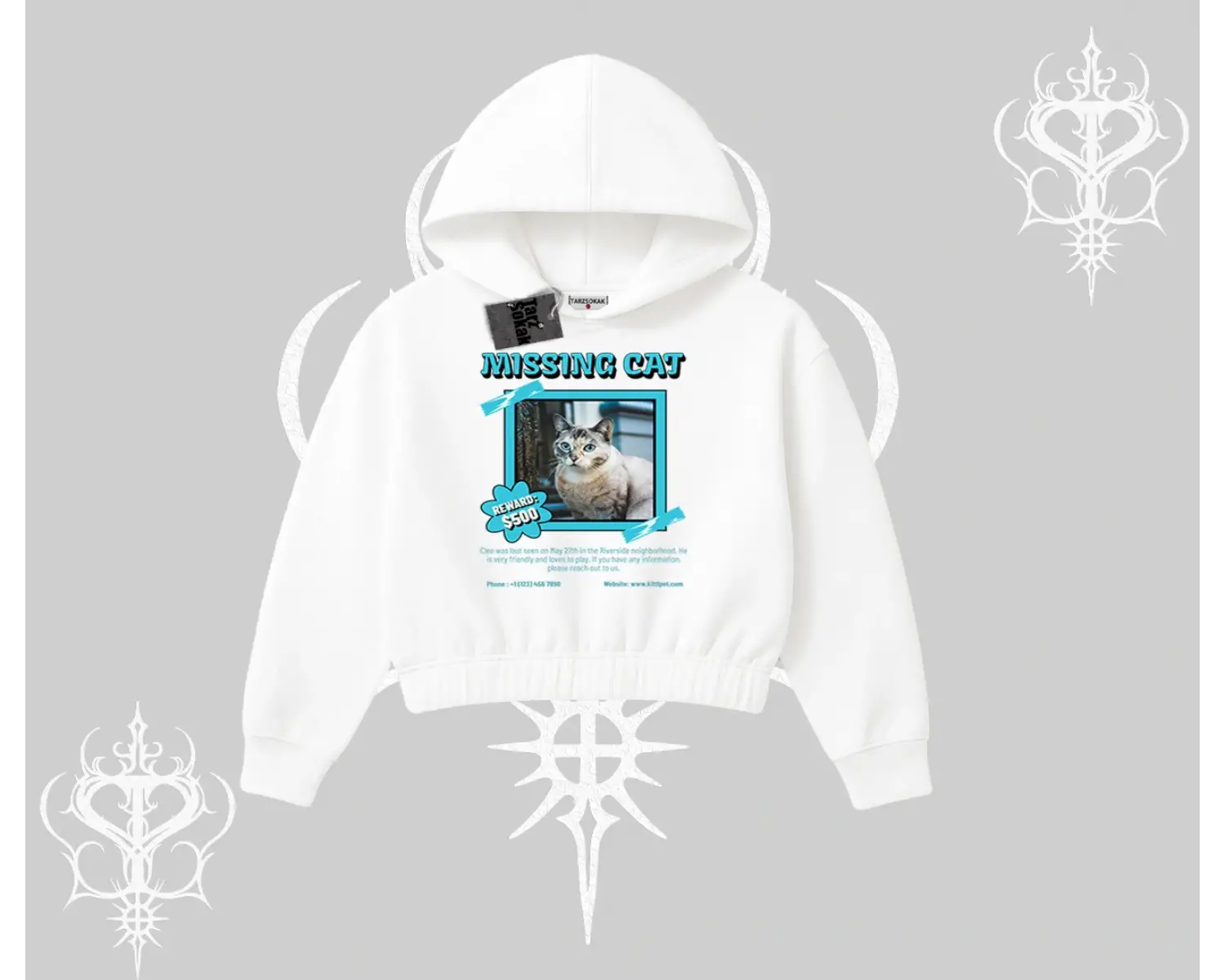 Missing Cat Baskılı Kapşonlu Crop Sweatshirt