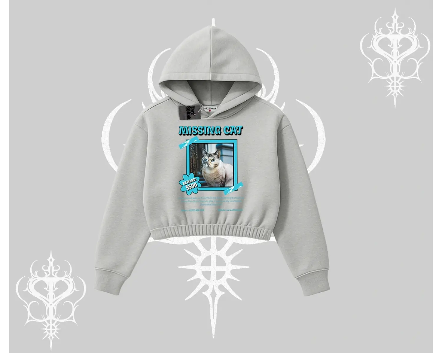 Missing Cat Baskılı Kapşonlu Crop Sweatshirt