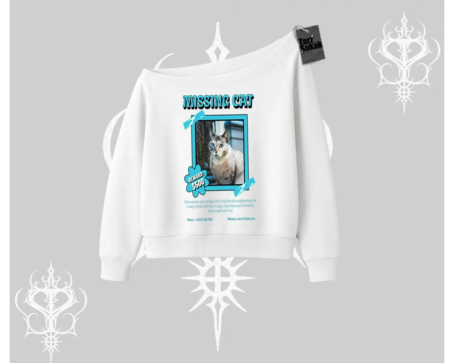 Missing Cat Baskılı Kayık Yaka Sweatshirt