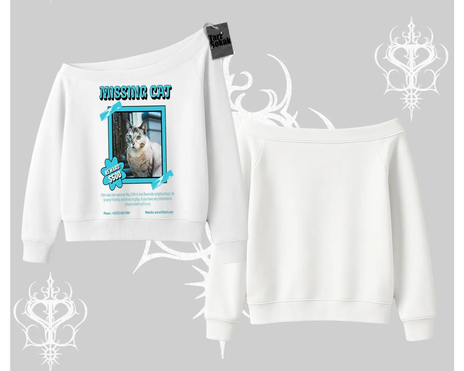 Missing Cat Baskılı Kayık Yaka Sweatshirt