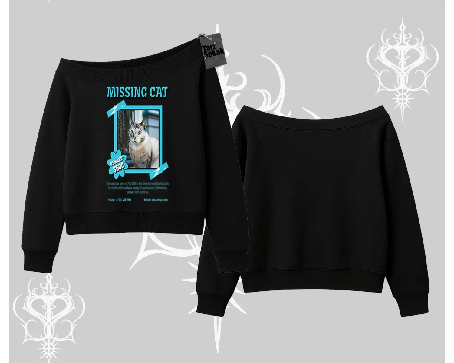 Missing Cat Baskılı Kayık Yaka Sweatshirt