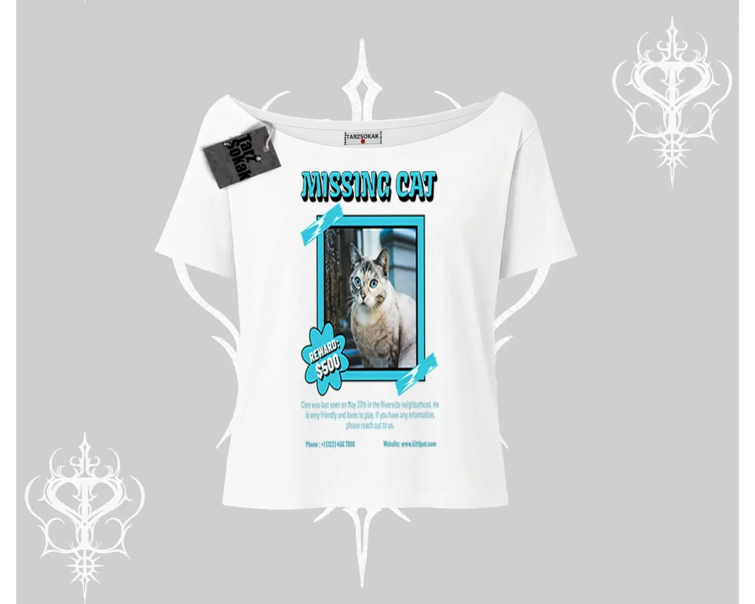Missing Cat Baskılı Kayık Yaka Tshirt