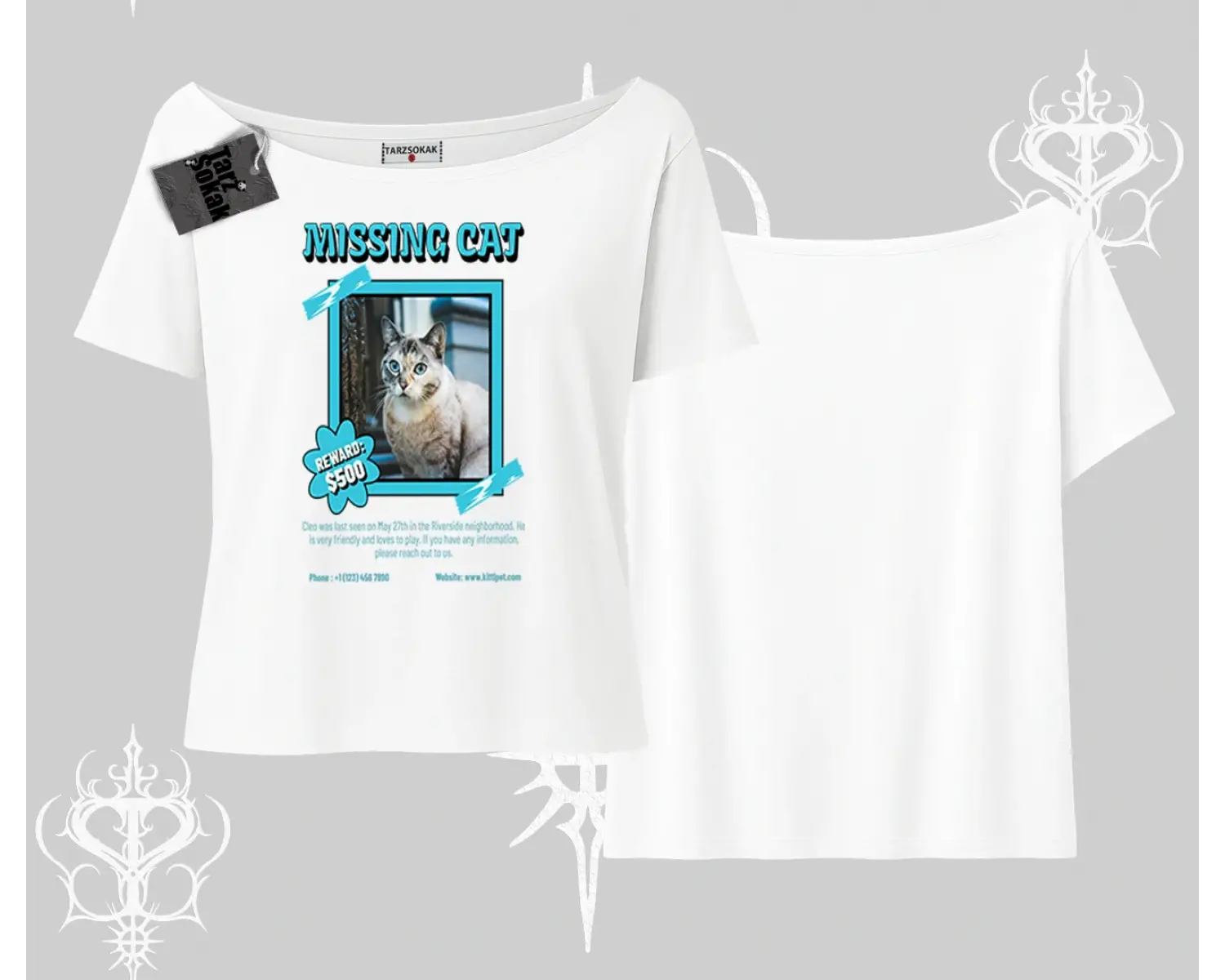 Missing Cat Baskılı Kayık Yaka Tshirt