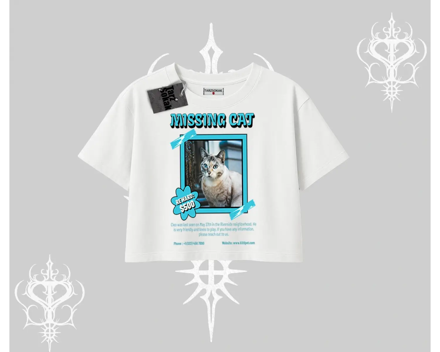 Missing Cat Baskılı Oversize Crop Tshirt