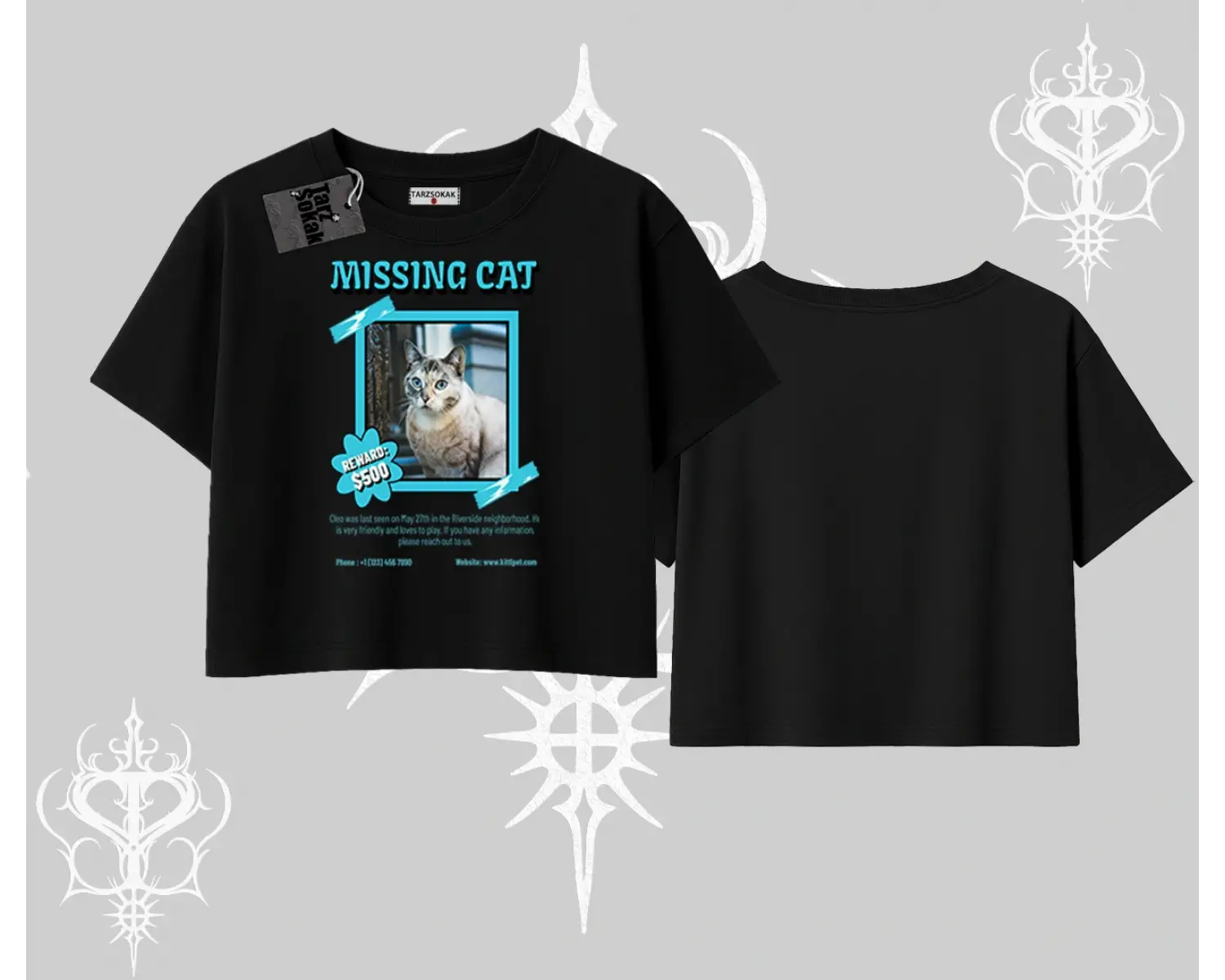 Missing Cat Baskılı Oversize Crop Tshirt