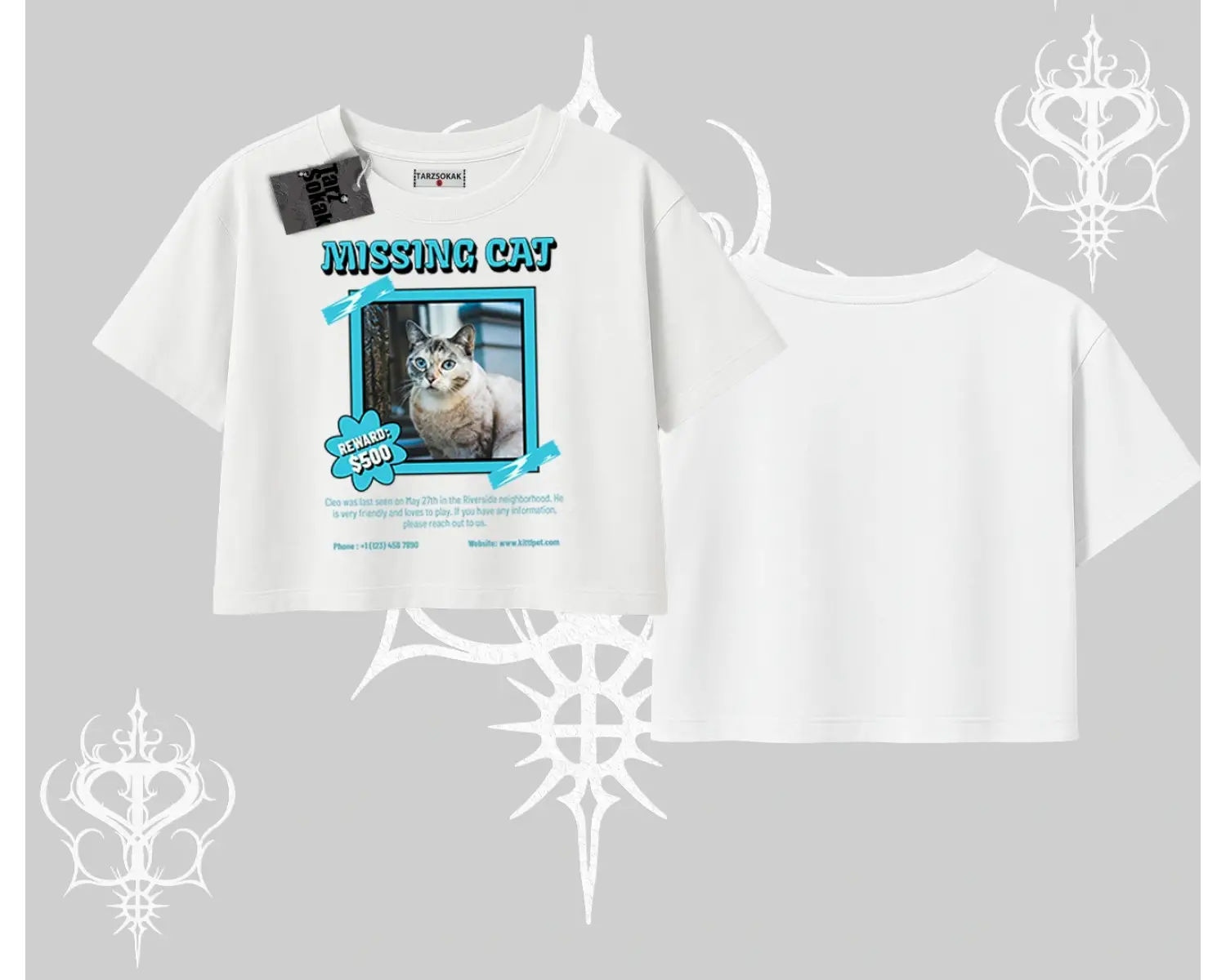 Missing Cat Baskılı Oversize Crop Tshirt