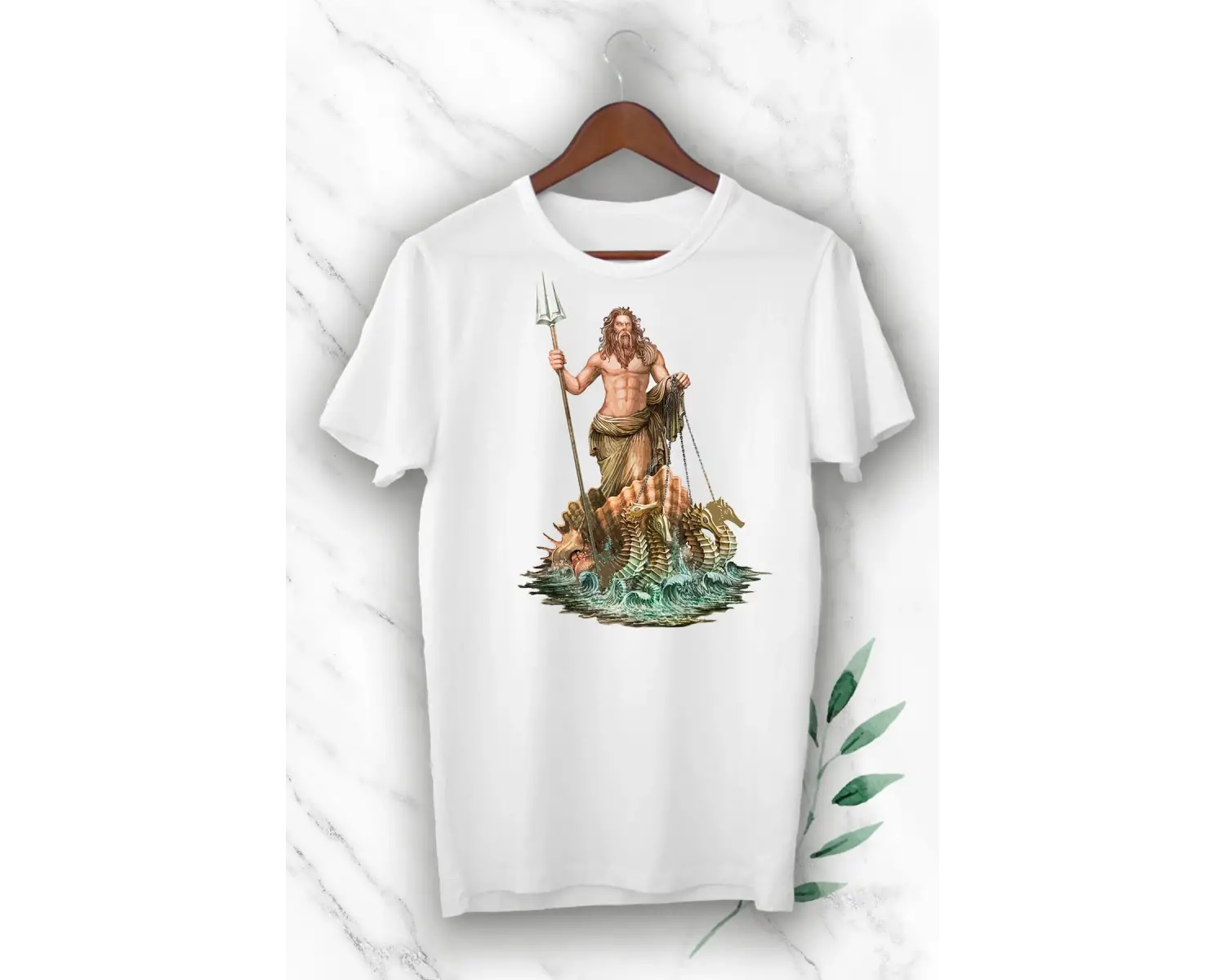 Mitoloji Denizler Tanrısı Poseidon Baskılı Beyaz Unısex Tişört