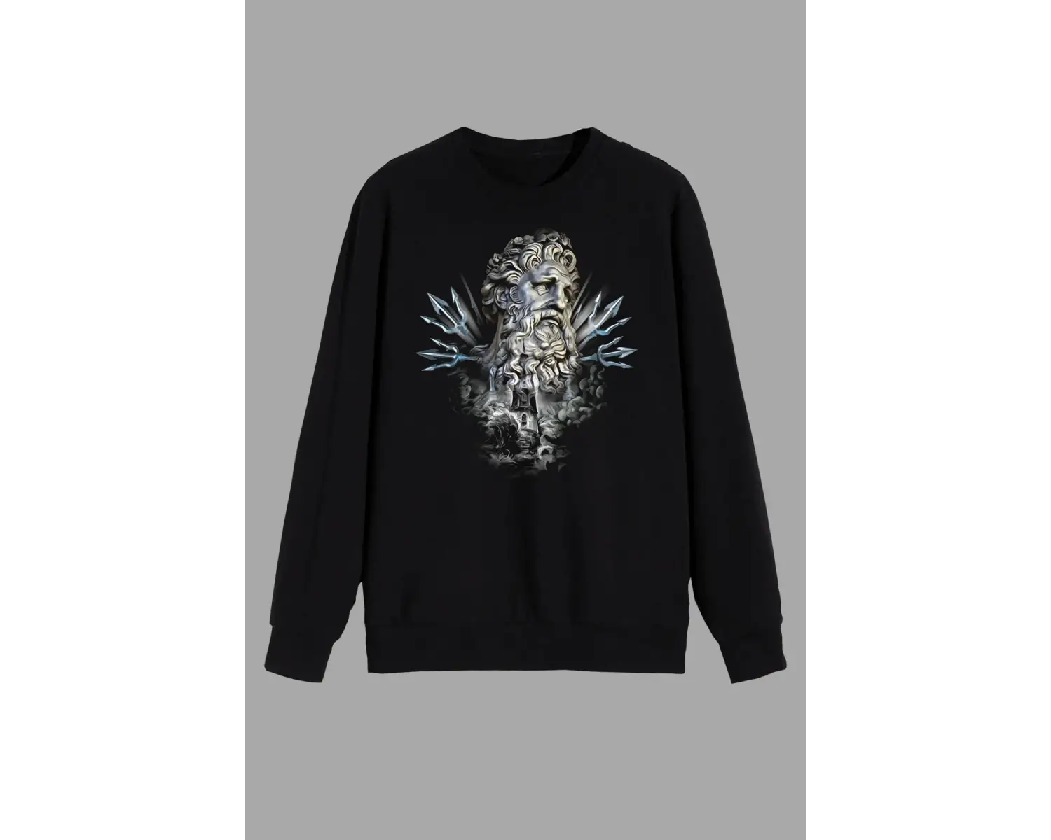 Mitoloji Denizler Tanrısı Poseidon Heykel Baskılı Siyah Unısex Sweatshirt