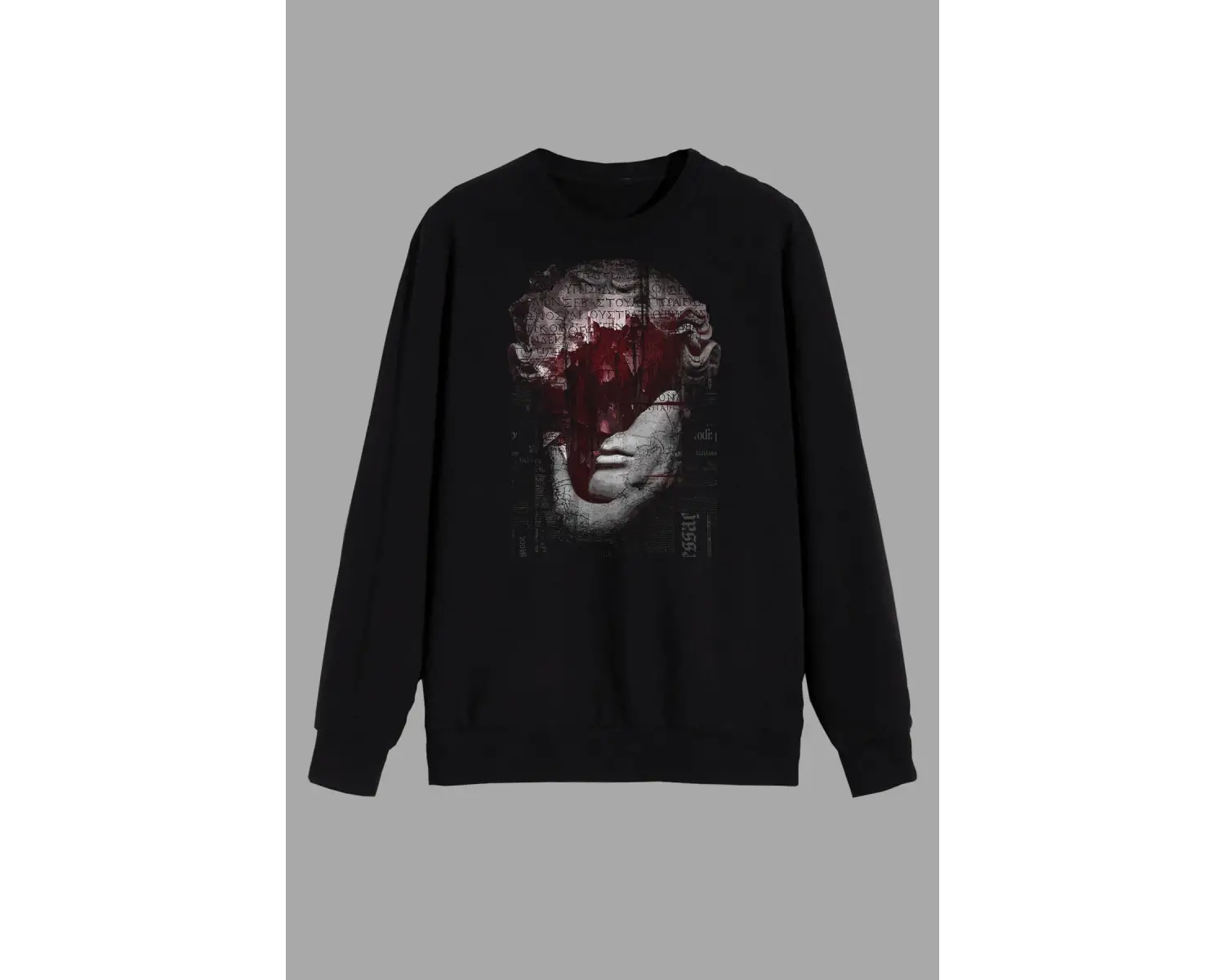 Mitoloji Renkli Heykel Baskılı Siyah Sweatshirt