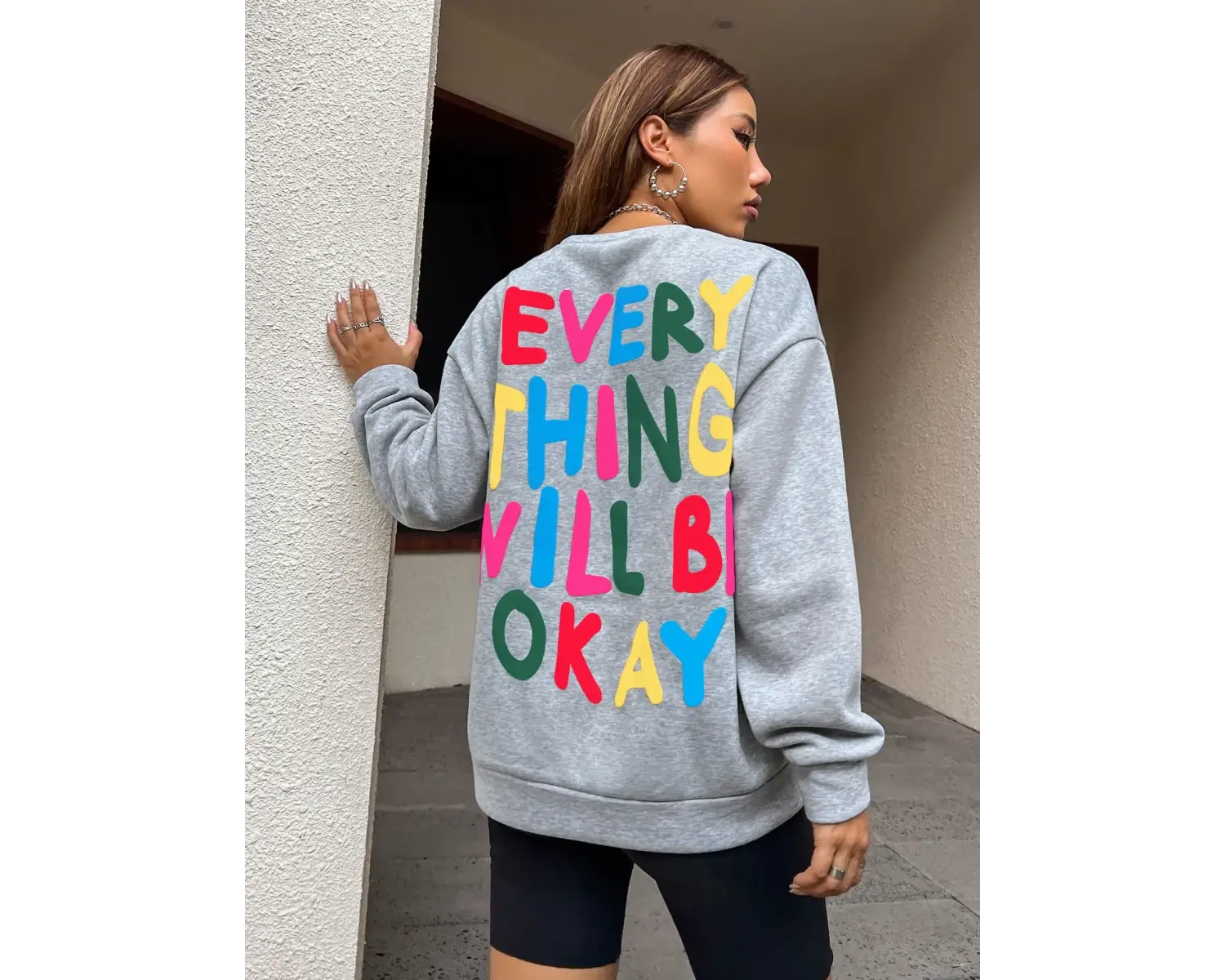 Moda Bayan Kazak Her Şey Tamam Olacak Mektup Baskılı Kazak Gevşek Sıcak Bisiklet Yaka Kapüşon