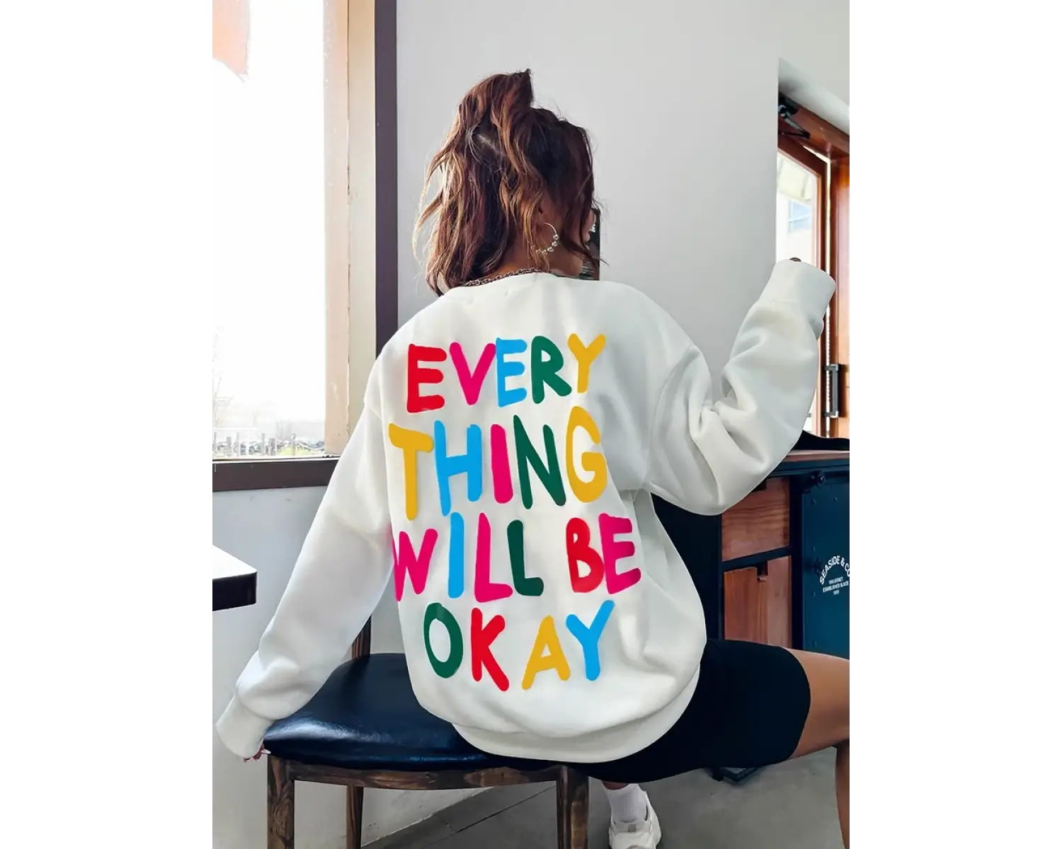 Moda Bayan Kazak Her Şey Tamam Olacak Mektup Baskılı Kazak Gevşek Sıcak Bisiklet Yaka Kapüşon