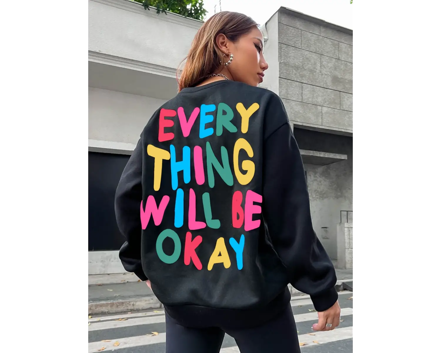 Moda Bayan Kazak Her Şey Tamam Olacak Mektup Baskılı Kazak Gevşek Sıcak Bisiklet Yaka Kapüşon