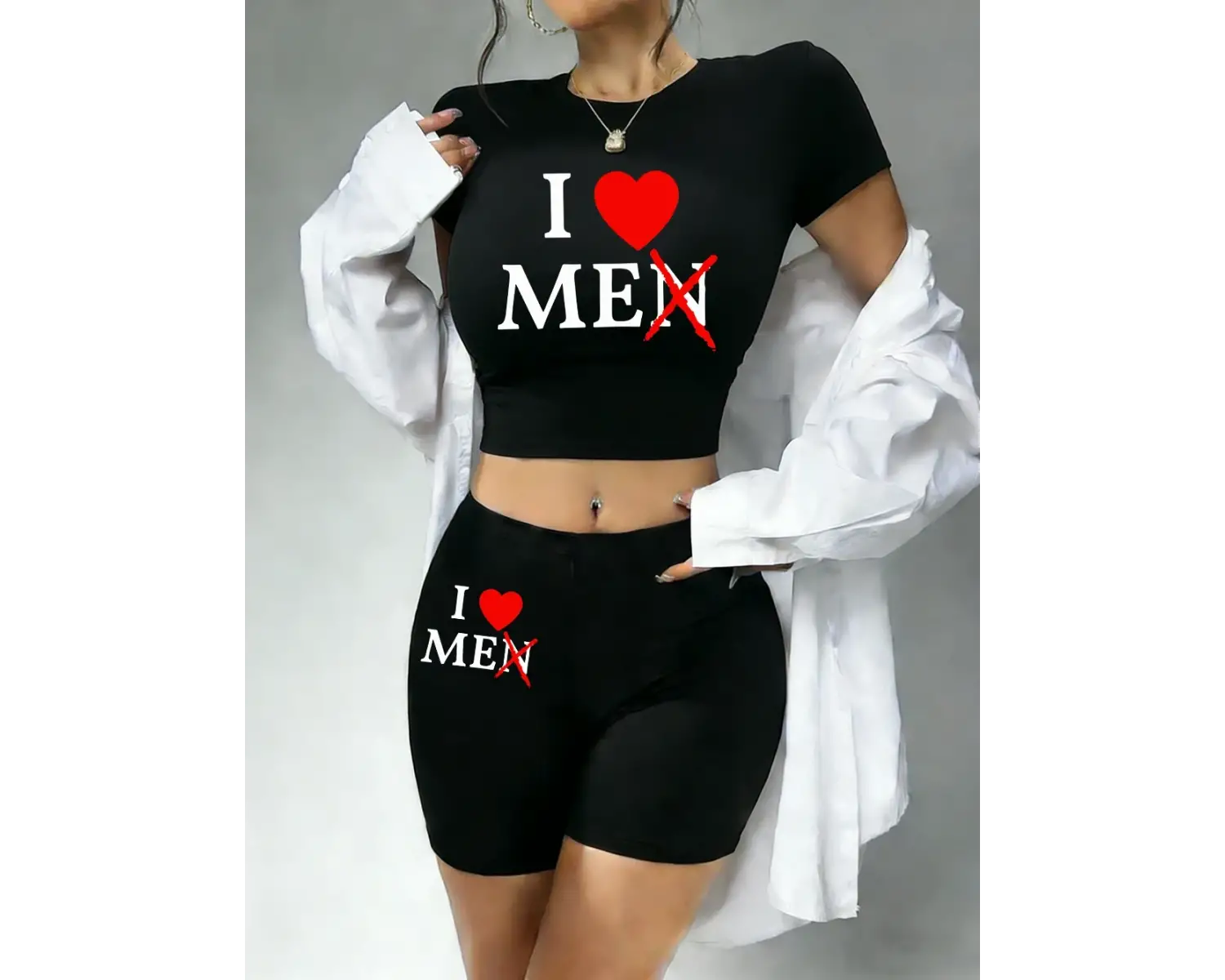 Moda Erkekleri Sevmiyorum Baskılı Babby TeeTişört ve Şort Kadın İki Parça Takım Üstler Pantolonla