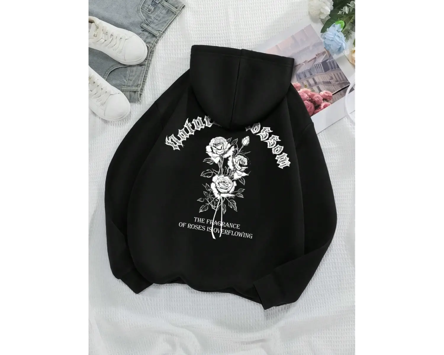 Moda Kadın Kapüşonlular Vintage Harfler ve Çiçekler Baskılı Tişörtü Bahar Bisiklet Yaka Kazak