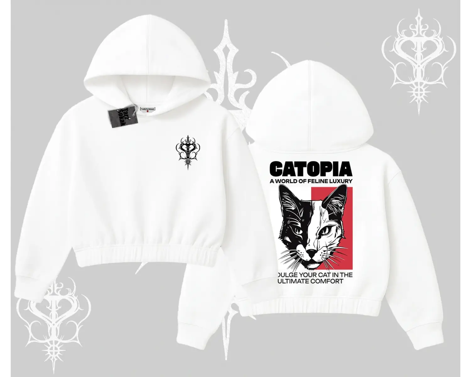 Modern Kedi Temalı Arka Baskılı Kapşonlu Crop Sweatshirt