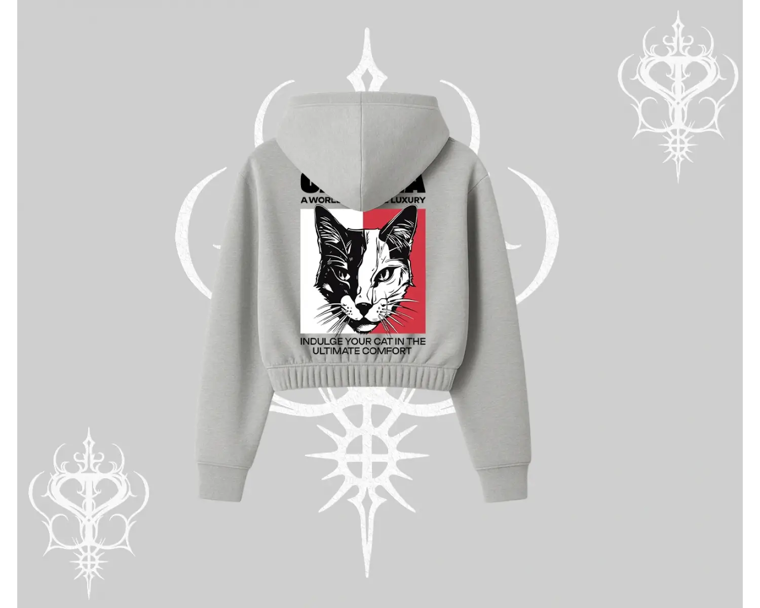 Modern Kedi Temalı Arka Baskılı Kapşonlu Crop Sweatshirt