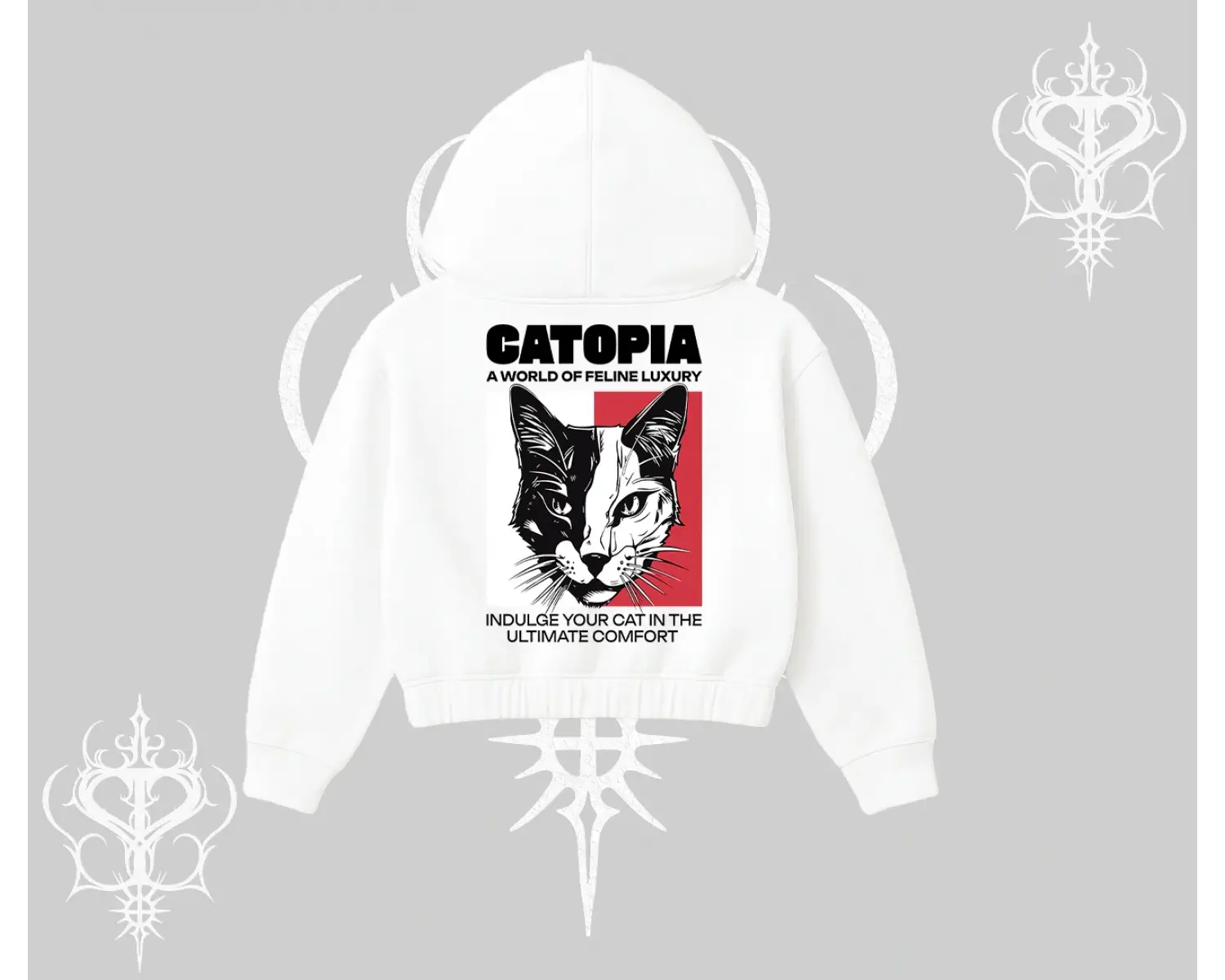 Modern Kedi Temalı Arka Baskılı Kapşonlu Crop Sweatshirt