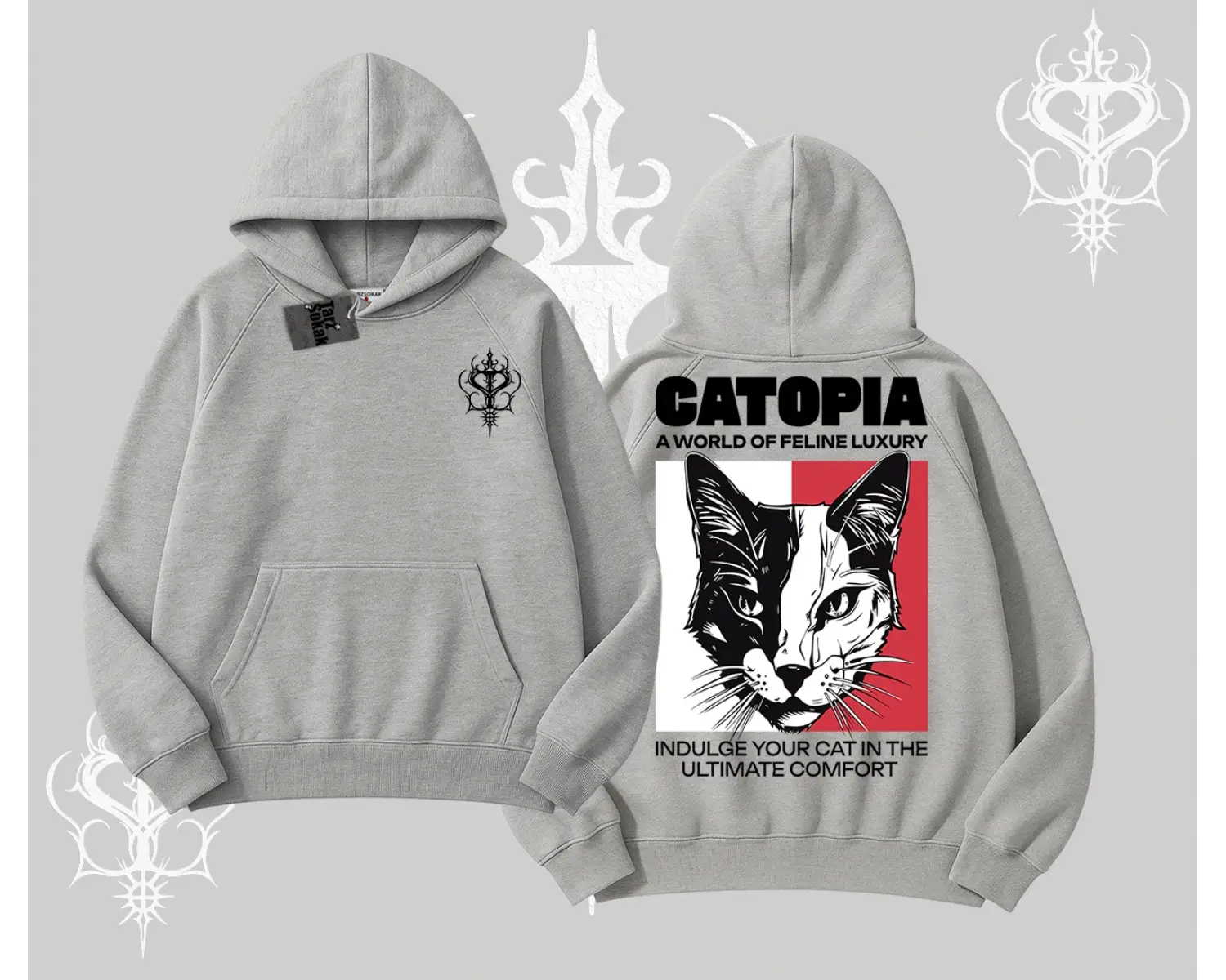 Modern Kedi Temalı Arka Baskılı Kapşonlu Sweatshirt