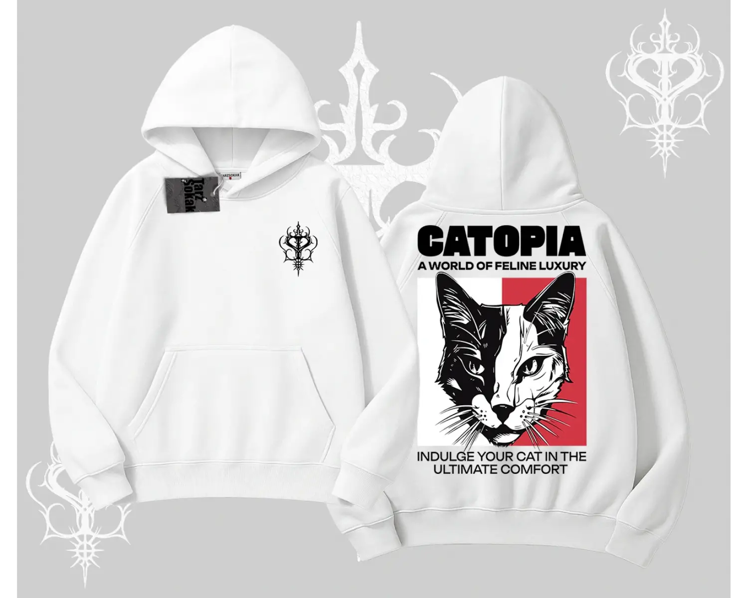 Modern Kedi Temalı Arka Baskılı Kapşonlu Sweatshirt