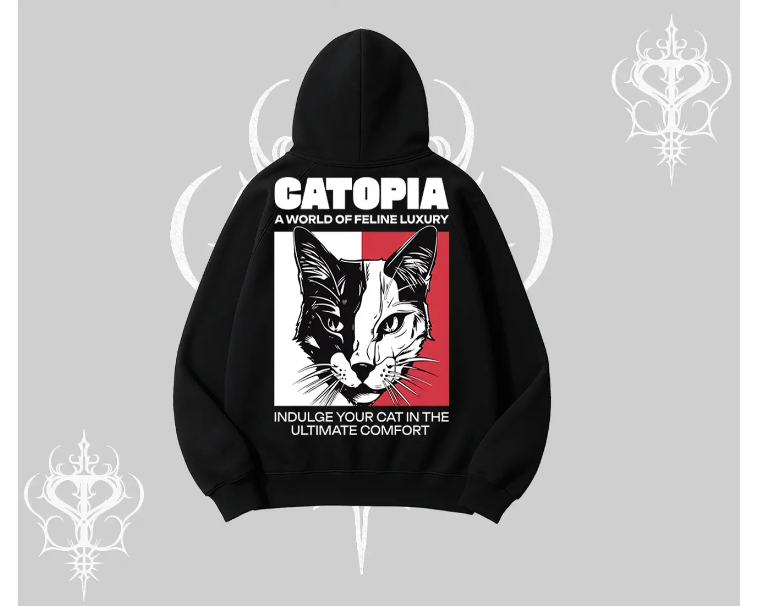Modern Kedi Temalı Arka Baskılı Kapşonlu Sweatshirt
