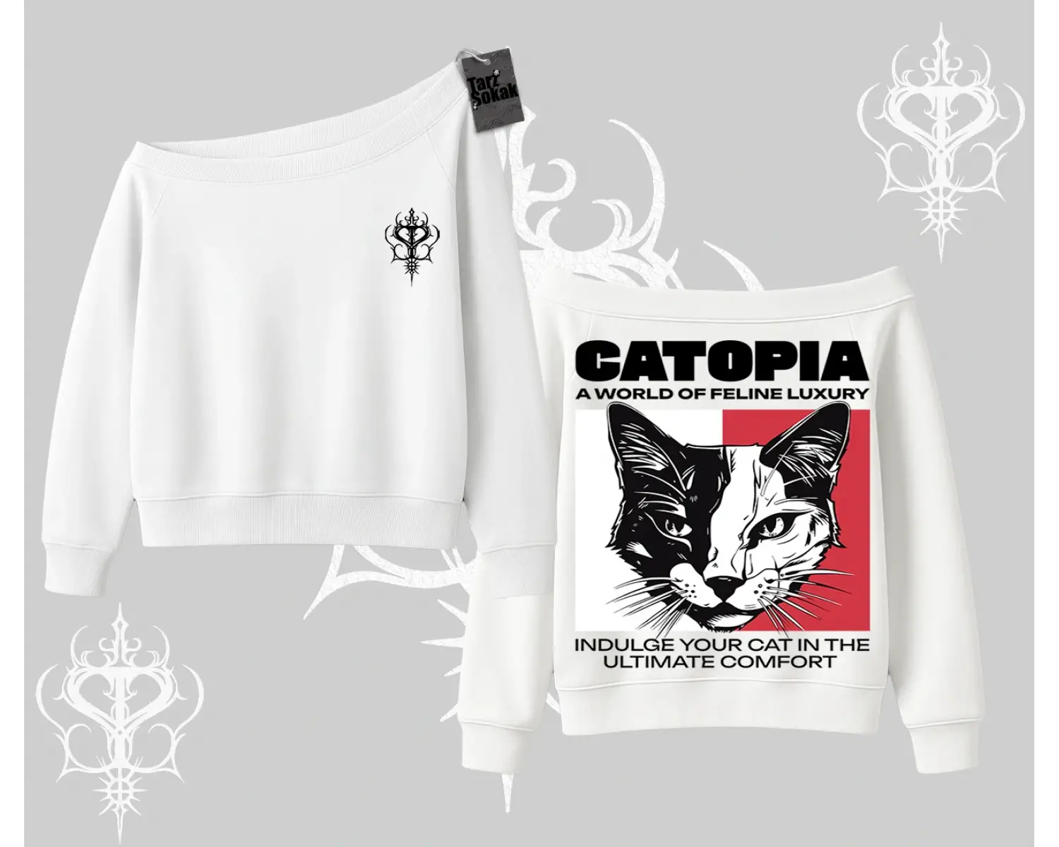 Modern Kedi Temalı Arka Baskılı Kayık Yaka Sweatshirt