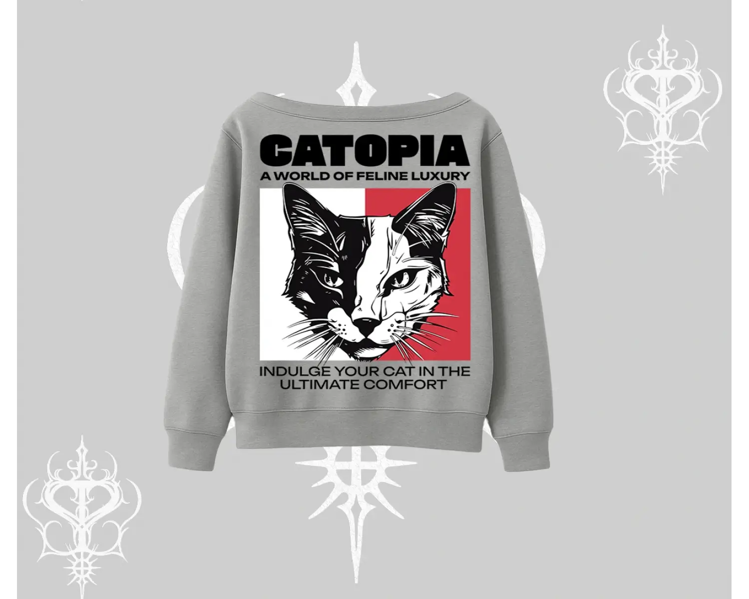 Modern Kedi Temalı Arka Baskılı Kayık Yaka Sweatshirt