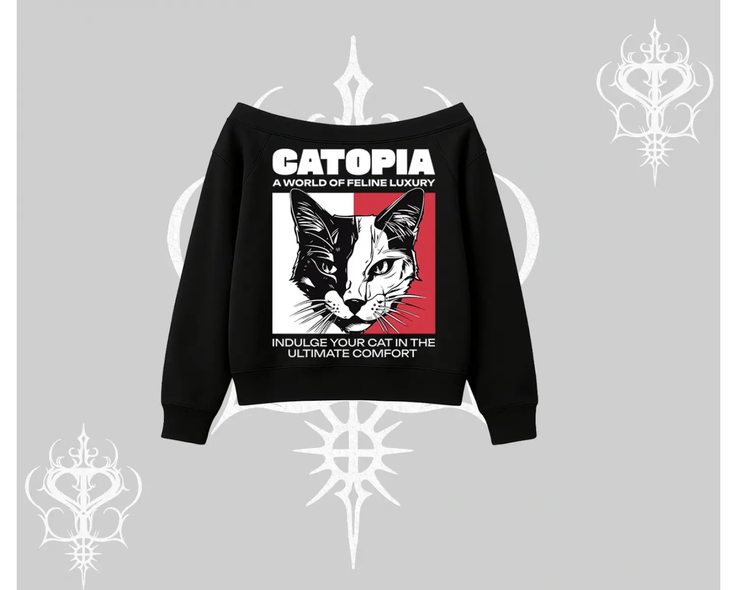 Modern Kedi Temalı Arka Baskılı Kayık Yaka Sweatshirt