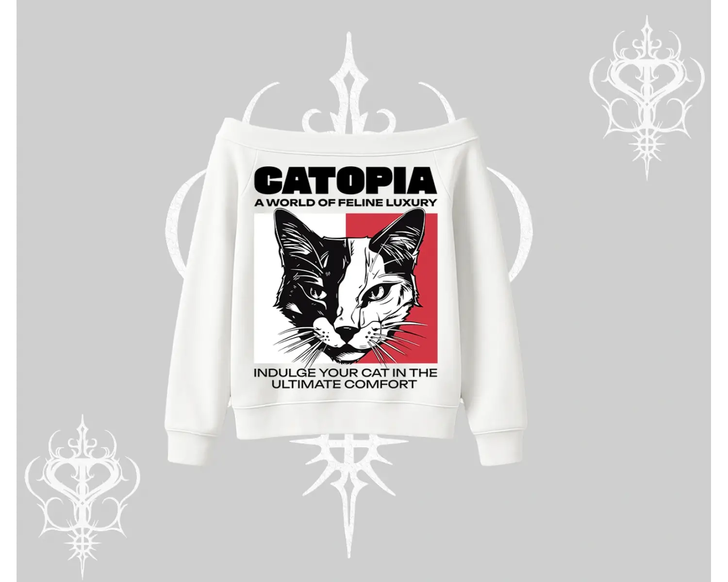 Modern Kedi Temalı Arka Baskılı Kayık Yaka Sweatshirt