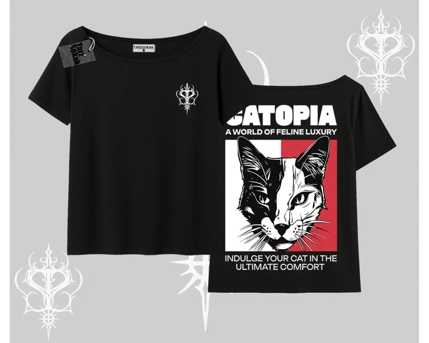 Modern Kedi Temalı Arka Baskılı Kayık Yaka Tshirt