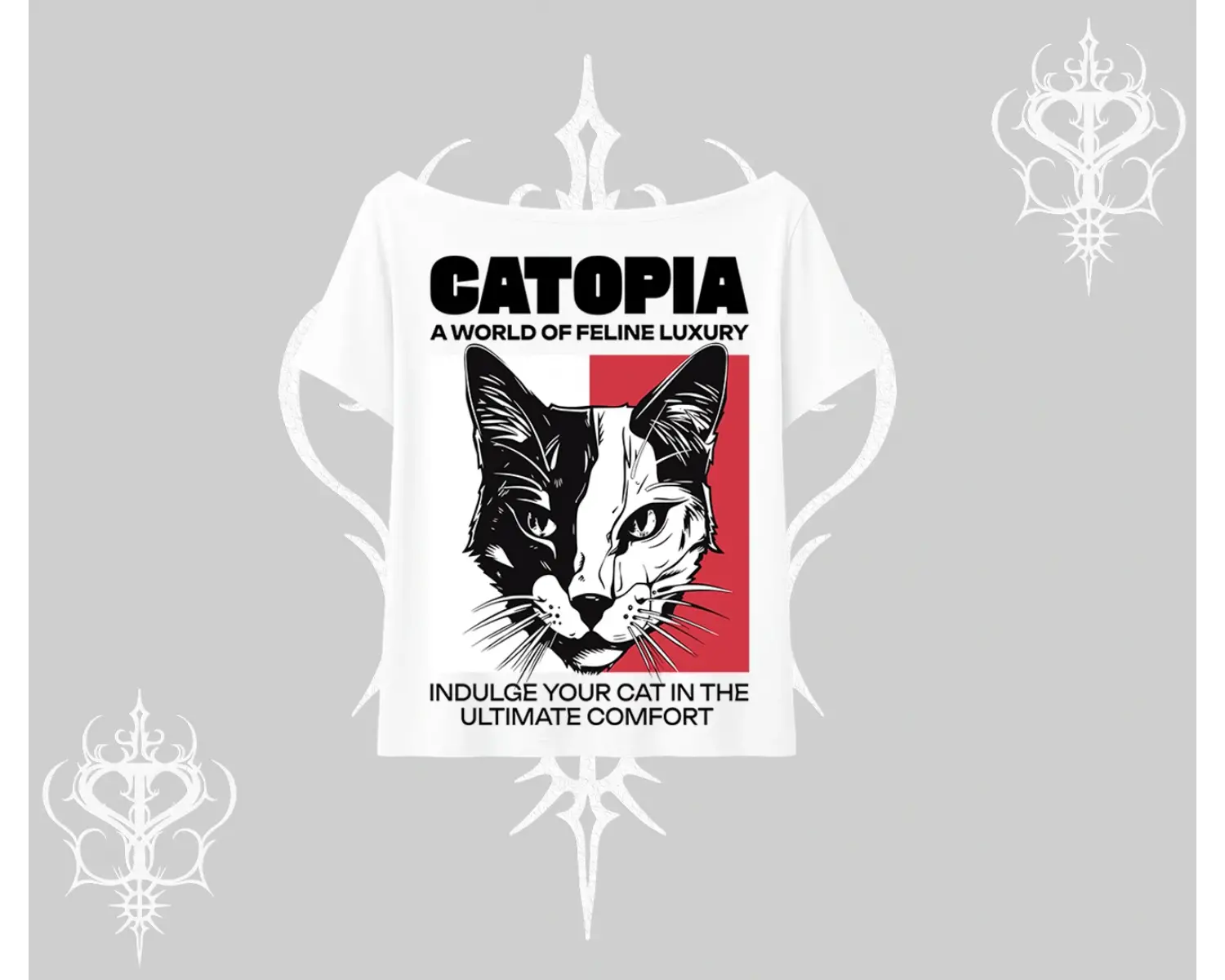 Modern Kedi Temalı Arka Baskılı Kayık Yaka Tshirt