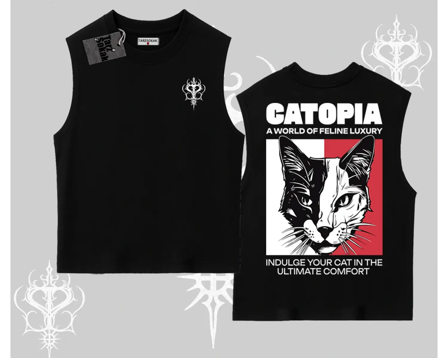 Modern Kedi Temalı Arka Baskılı Kolsuz Tshirt