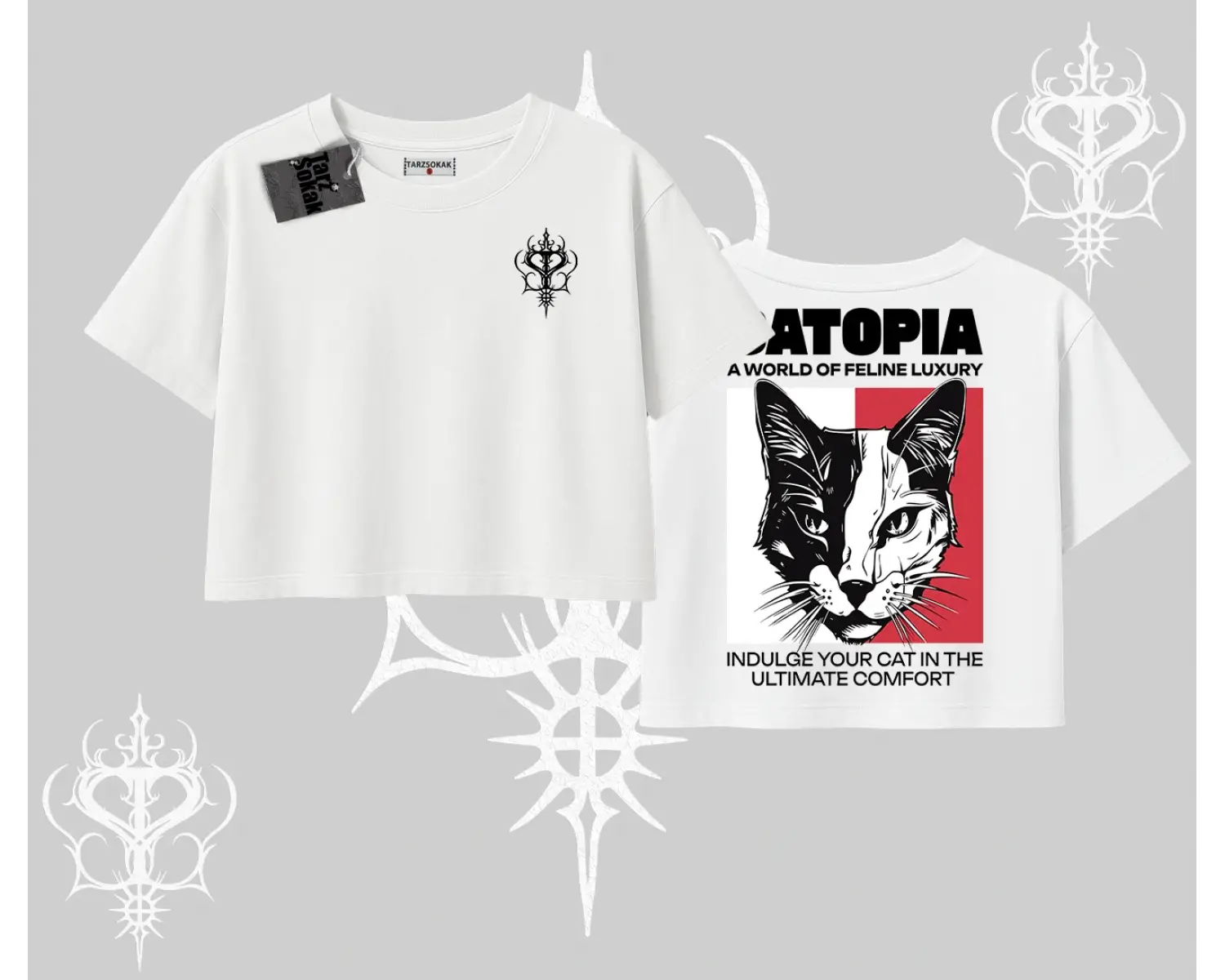 Modern Kedi Temalı Arka Baskılı Oversize Crop Tshirt