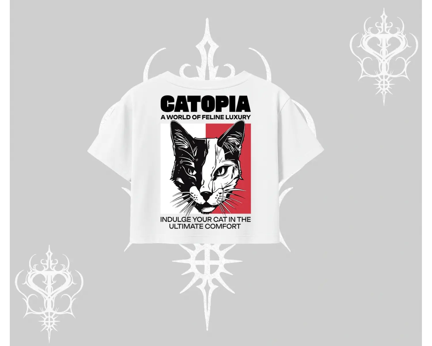 Modern Kedi Temalı Arka Baskılı Oversize Crop Tshirt