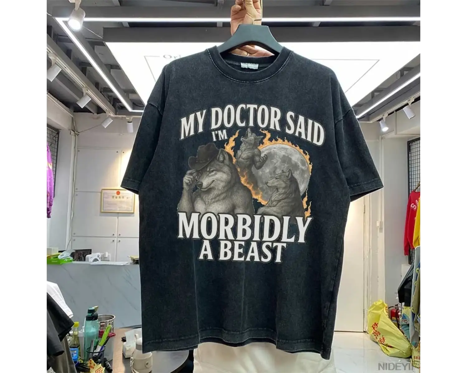 Morbidly A Beast Werewolf Meme Alpha Nideyif Büyük Boy T-shirt %100 Pamuk Vintage Yıkanmış T-