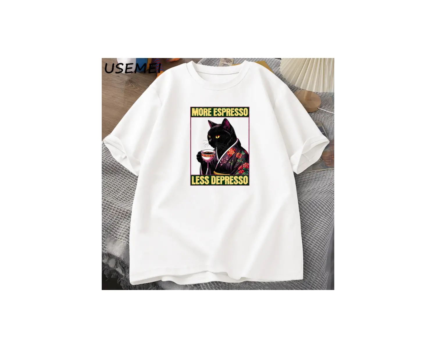 More Espresso Less Depresso Cat Drinking Coffee Funny T Shirt for Men Women Japanese Style Ca 2910