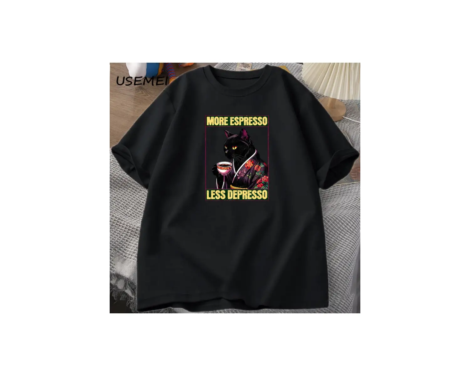More Espresso Less Depresso Cat Drinking Coffee Funny T Shirt for Men Women Japanese Style Ca 2910