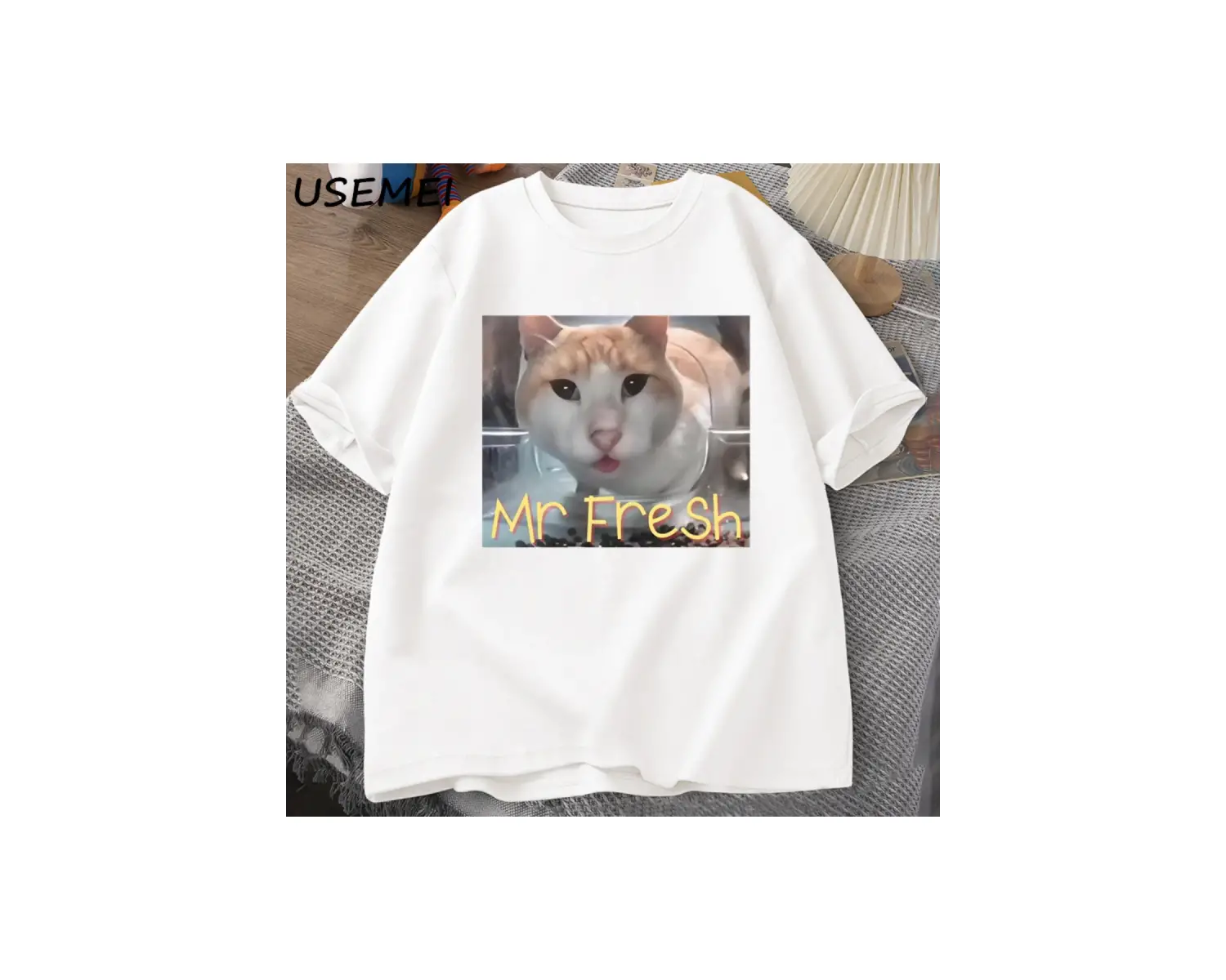 Mr Fresh Meme T Shirt Turuncu Kedi Yeme T-shirt Yan Göz Komik Meme Kedi Kameraya Bakan Gıda T 3042